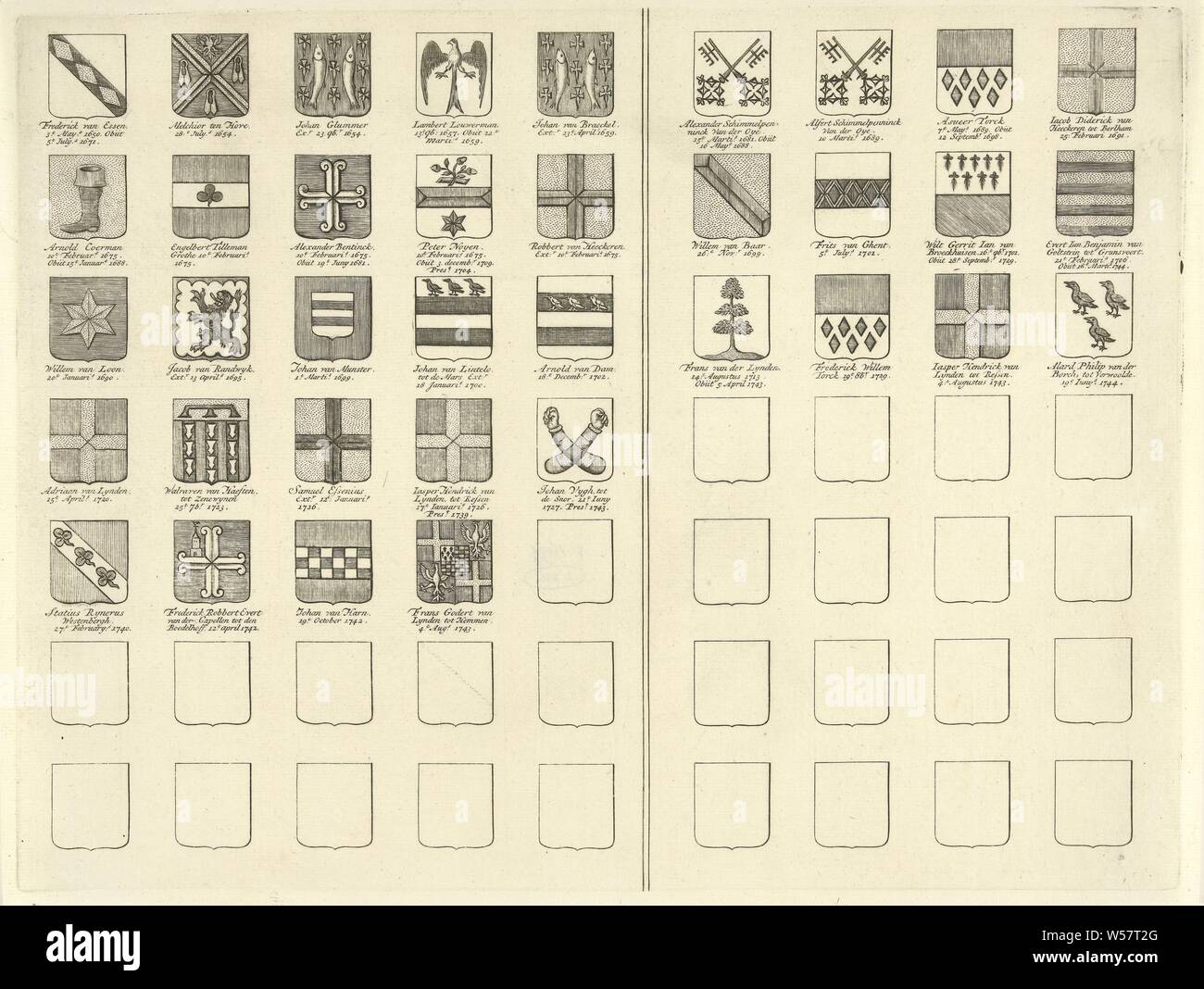 Les noms et les armes dans la principauté de Ziekenhuis Velp et le comté de Zutphen, page centre droit, des emblèmes héraldiques, héraldique, Wilhelmus 10 Haegh, Nederlanden, 1700 - 1799, papier, gravure, h 274 mm × W 361 mm Banque D'Images