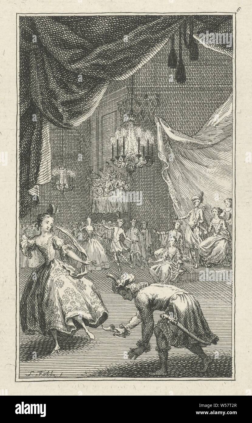 Cendrillon sur la balle, Contes de la mère l'OIE (titre de la série), un jeune homme s'agenouille en face de Cendrillon avec une chaussure femmes dans sa main. À son tour, elle peut contenir jusqu'son pied pour ajuster la chaussure. Dans l'arrière-plan une vue d'une danse de bal avec les gens. Cette impression a été faite avec l'histoire de 'Cendrillon Contes de la mère l'OIE - Contes du tems passé de ma mère l'oye" de Charles Perrault, ball, danse formelle, en mettant sur (lier) ou d'en enlever (déliement) sandales ou des chaussures, des récits et des contes (avec titre), Simon Fokke (mentionné sur l'objet), Amsterdam, 1754 - 1784, le papier, gravure, h 170 mm × W 108 mm Banque D'Images