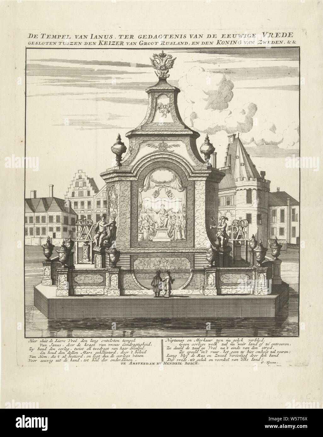Temple de la paix, centre de l'artifice allumés le 9 décembre, 1721 Le Temple de Ianus, fermé à l'empereur de la Grande Russie, et le roi de Suède en la mémoire de la paix éternelle ), les préparatifs autour du Temple de la paix, le centre de l'artifice allumé le 9 décembre 1721 sur le Binnen-Amstel au Kloveniersburgwal en mémoire de la paix de Nystad fermé entre la Russie et la Suède le 10 septembre 1721. À travers l'eau le Swygh Utrecht tower. Le feu d'artifice ont été commandées par Christoffel van Brants, représentant de la Fédération de couronne à Amsterdam. Dans la légende, un verset sur deux colonnes Banque D'Images