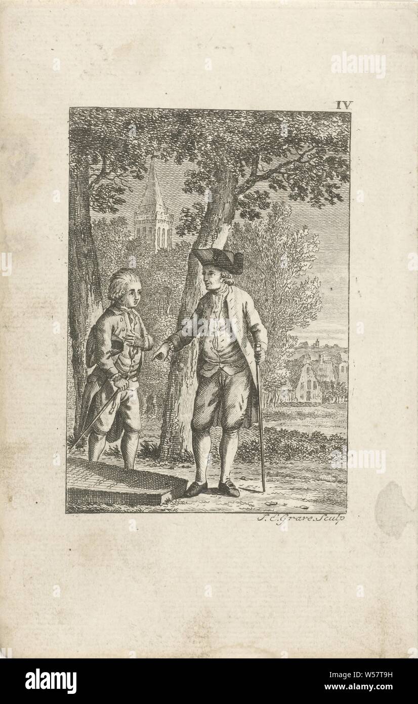 Alcimor Philantropus et discuter à la tombe de Werther des scènes de la vie du jeune Werther (titre de la série), deux hommes, et Alcimor Philantropus, sont devant la tombe de Werther et discuter de sa mort. L'impression est partie d'une série de scènes du roman de Goethe : 'les souffrances du jeune Werther', (scènes de) travaux spécifiques de la littérature : Goethe, Werther, pierre tombale, horizontale, de débat, de discussion (réunion) - AA - à l'air libre, Johann Wolfgang von Goethe, Jan Evert tombe (mentionné sur l'objet), Amsterdam, 1787, papier, gravure, h 161 mm × W 103 mm Banque D'Images