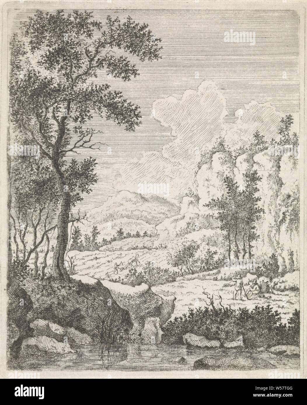 Paysage de montagne avec deux agriculteurs au repos près d'un ruisseau paysages (titre de la série), montagnes, de repos - BB - hors des portes, les agriculteurs, Jacob Lutma, 1634 - 1654, le papier, gravure, h 154 mm × W 125 mm Banque D'Images