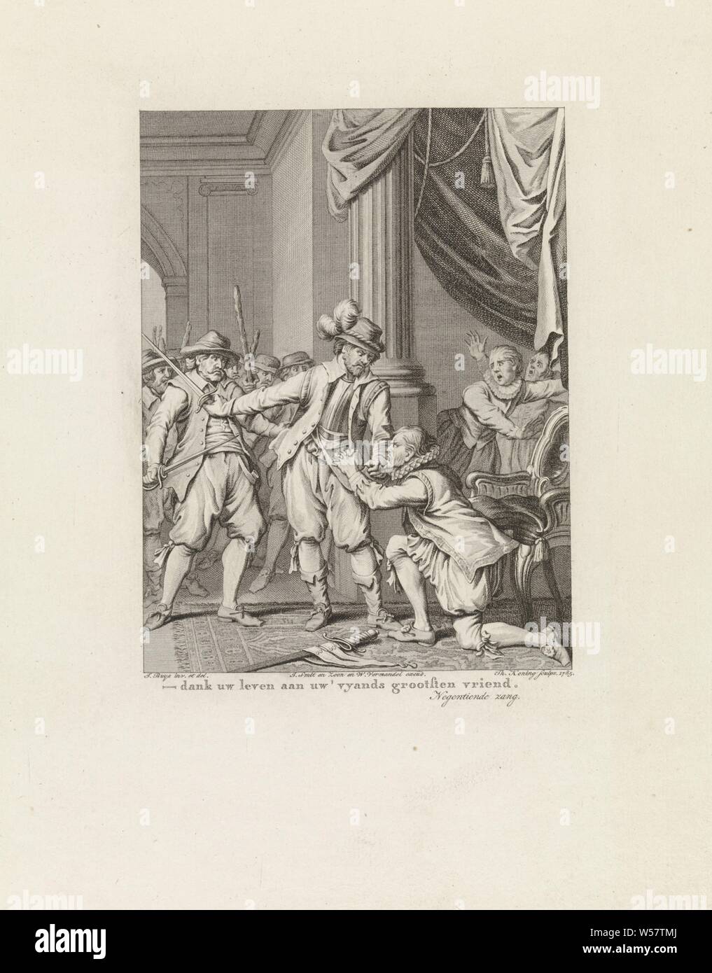 Maire Aerschot protégés par Ryhove, 1577 Gy, donc le héros parle, peut trouver une schlord en moi : (titre sur l'objet) des scènes de la vie du Prince William I, 1568-1584 (Titre de la série ), Aerschot, maire de Gand, est protégé par François van Ryhove contre les rebelles d'habitants qui veulent combattre avec les clubs et les épées, 1577. Cette gravure fait partie d'une série de 24 tirages avec des scènes de la vie de Prince Willem I, 1568-1584 et est une illustration pour la dix-neuvième chant, Gand, François van Ryhove, Theodoor Koning (mentionné sur l'objet), Amsterdam, 1785, papier, gravure, h 273 mm × W 217 mm Banque D'Images