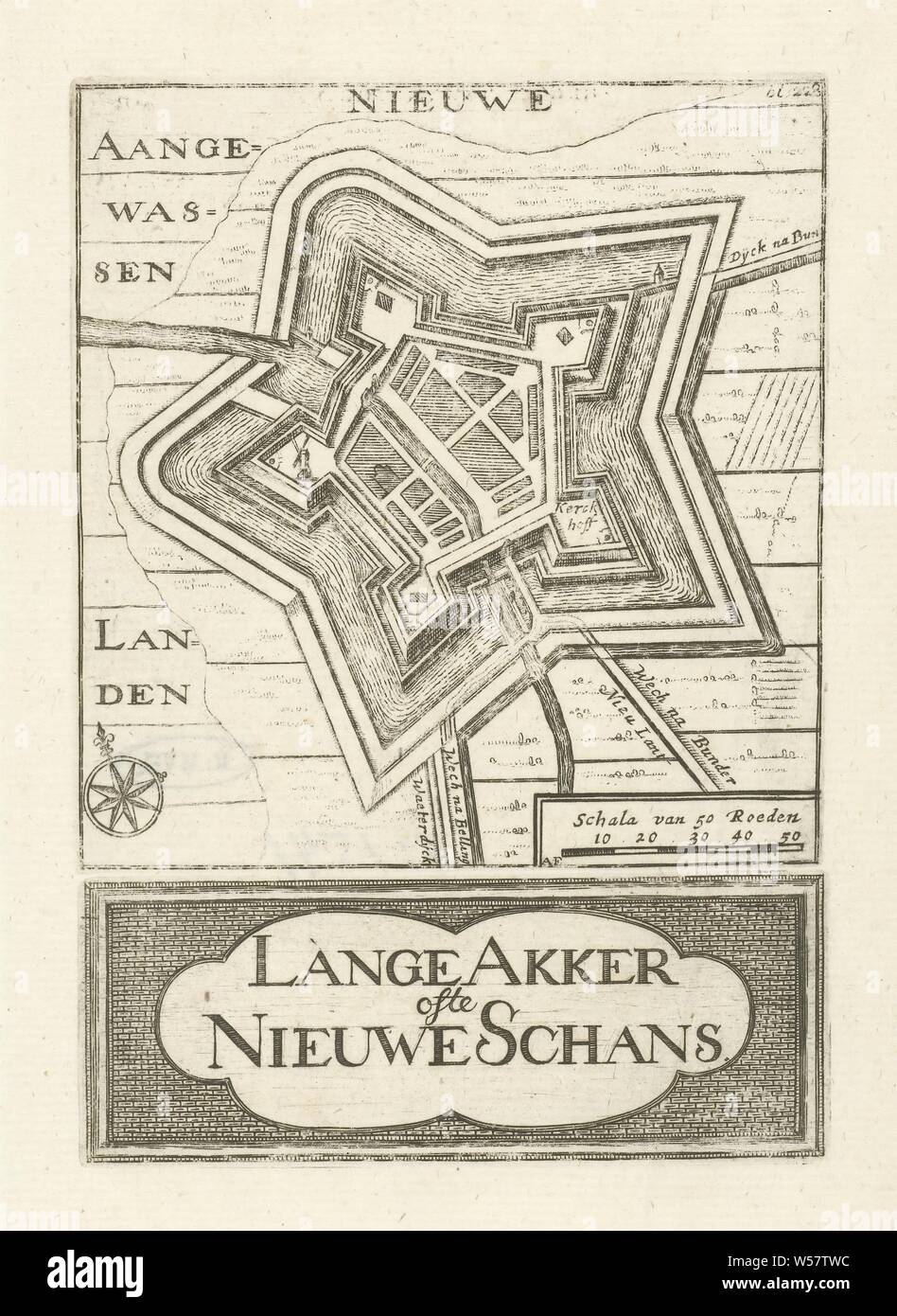 Plan de Nieuweschans Lange Akker du Nieuwe Schans (titre sur l'objet), deux impressions sur une feuille : en haut une impression avec une représentation d'un plan de Nieuweschans et ci-dessous une impression avec le titre dans un cartouche. Dans la station supérieure, en bas à droite une échelle et en haut à droite : bl. 228, cartes, atlas, Nieuweschans, Hendrik Hofsnider (mentionné sur l'objet), Groningen, 1743, papier, gravure, h 101 mm × w 97 mm × 38 mm × w h 97 mm Banque D'Images