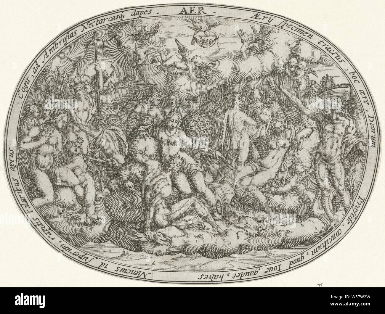 Dieux Olympiques parmi les nuages : l'élément de l'air (titre de l'ARE sur l'objet) Les quatre éléments (titre de la série), les dieux Jupiter et Junon, avec eagle et Peacock, respectivement, entouré par les différents dieux de l'Olympe et putti entre les nuages, comme une allégorie de l'élément air. Représentation dans un ovale entourant une inscription latine. Imprimer à partir d'une série de quatre, de l'air (l'un des quatre éléments), Jupiter et Junon en tant que roi et reine du ciel, de l'Olympe, les dieux de l'Olympe ensemble : Jupiter, Junon, Neptune, Ceres, Apollo, Diana, Mars, Vénus, Mercure, Minerve, Vulcan, Vesta (ou Bacchus), Cupids : ' Banque D'Images