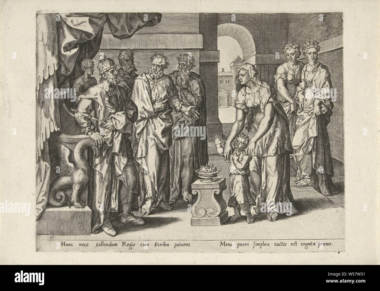 Procès de Moïse avec le Pharaon, pour tester peu Moïse, le pharaon avait apporté deux soucoupes, l'une avec des charbons fumants et l'autre aux cerises - ou selon une variante d'un rubis définir-. Moïse choisit les charbons et les mettre dans sa bouche pour qu'il les brûla. À la droite du centre, Moïse et la fille du Pharaon sont debout devant le bol de charbon dont il vient de mettre l'un d'entre eux dans sa bouche. Sur la gauche le pharaon a passé de son trône. Dans l'arrière-plan sont servantes sur la droite et serviteurs de Pharaon, sur la gauche. Ci-dessous le show est une ligne de texte en latin, Moïse Banque D'Images