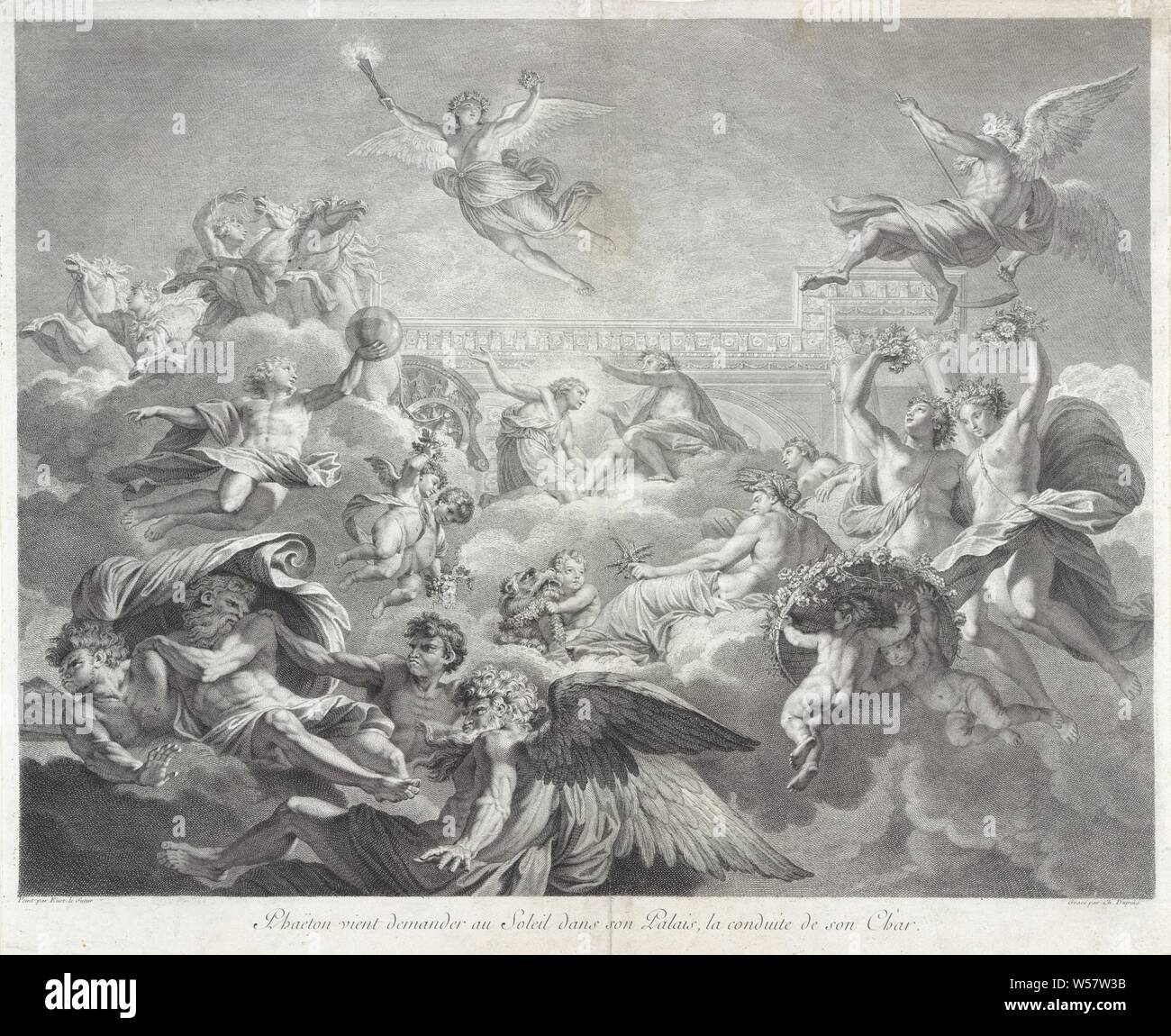 Phaeton Phaeton et Apollo vient demander au Soleil fils danse Palais, chef d'orchestre de son char (titre sur l'objet) des peintures de Charles le Brun et d'Eustache Le Sueur qui sont dance (... ) La maison du Président Lambert (titre de la série), Phaethon soulève la dieu Soleil Apollon, pour être autorisés à conduire la voiture de Sun pour une journée. Apollo s'étend ses mains au-dessus de la tête de son fils. Sur la gauche les hommes contrôlent les chevaux à l'avant de la voiture solaire. Aurora, la déesse de l'aube, les mouches avec sa torche dans le milieu. Bon Père Temps avec sa faux, Ceres avec oreilles de maïs, et les heures avec des fleurs dans ses mains. En bas à gauche Banque D'Images