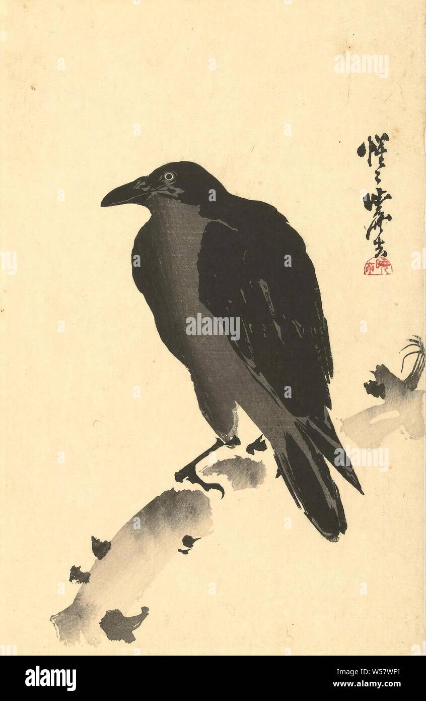 Crow sur un tronc d'arbre, chanson-birds : Crow, Kawanabe Kyôsai (mentionné sur l'objet), Japon, 1868 - 1872, papier, h 376 mm × W 243 mm Banque D'Images