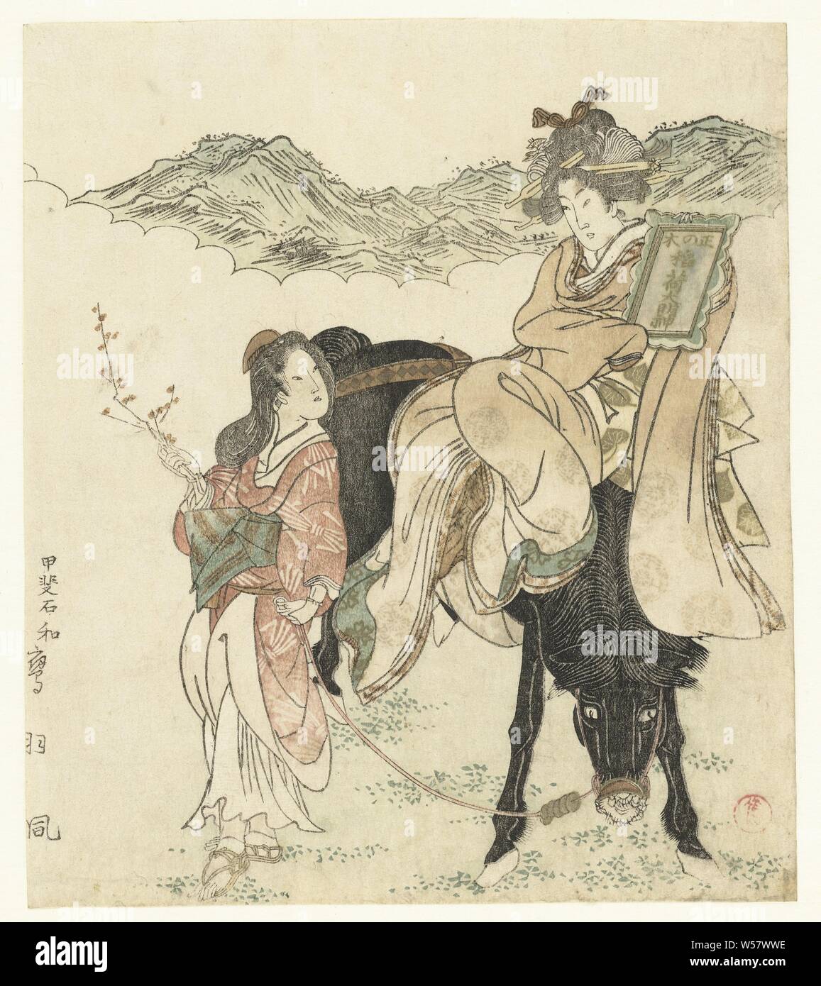 Ride au temple, la femme à tableau encadré dans la main à cheval avec serviteur dans un paysage de montagne. La peinture dit 'Inari de Masaki'. Les six poèmes sont tous coupés, cheval, Kubota Shunman (mentionné sur l'objet), Japon, 1813, gravure sur bois, papier couleur, h 197 mm × W 171 mm Banque D'Images Ride au temple, la femme à tableau encadré dans la main à cheval avec serviteur dans un paysage de montagne. La peinture dit 'Inari de Masaki'. Les six poèmes sont tous coupés, cheval, Kubota Shunman (mentionné sur l'objet), Japon, 1813, gravure sur bois, papier couleur, h 197 mm × W 171 mm Banque D'Images