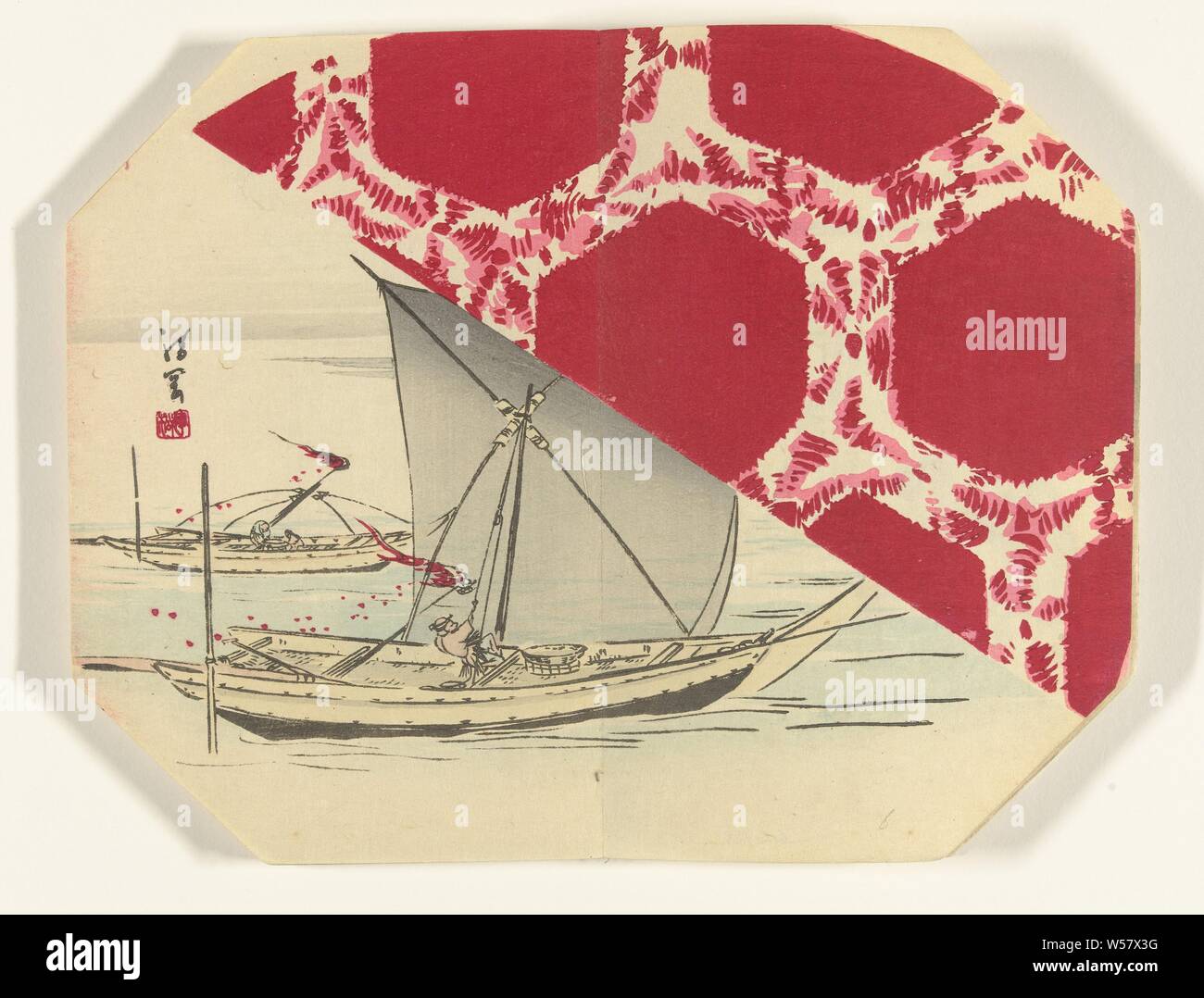 Les bateaux de pêche de nuit, octogonale imprimer dans l'album avec 39 tirages., Ayaoka Yûshin (mentionné sur l'objet), Japon, 1880 - 1890, gravure sur bois, papier couleur, h 223 mm × W 287 mm Banque D'Images