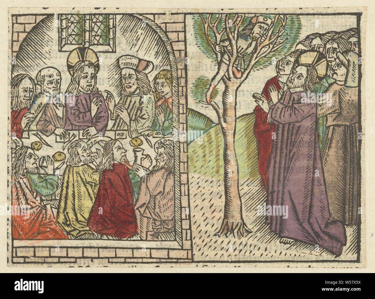 Le repas à l'accueil de Zacheus, Zacheus dans le figuier, deux scènes. Gauche : le Christ à la table avec Zacheus et disciples. Droite : Zacheus dans l'arbre, le Christ et les disciples à la farine, jusqu'à la maison de Zachée, le collecteur d'impôts (Luc 19 : 1-10), appelant de Zachée, qui est assis dans un figuier (le Christ en passant par Jéricho), Meester van Antwerpen (I) (attribué à), 1485 - 1491, Nederlanden, papier, h 94 mm × W 131 mm Banque D'Images