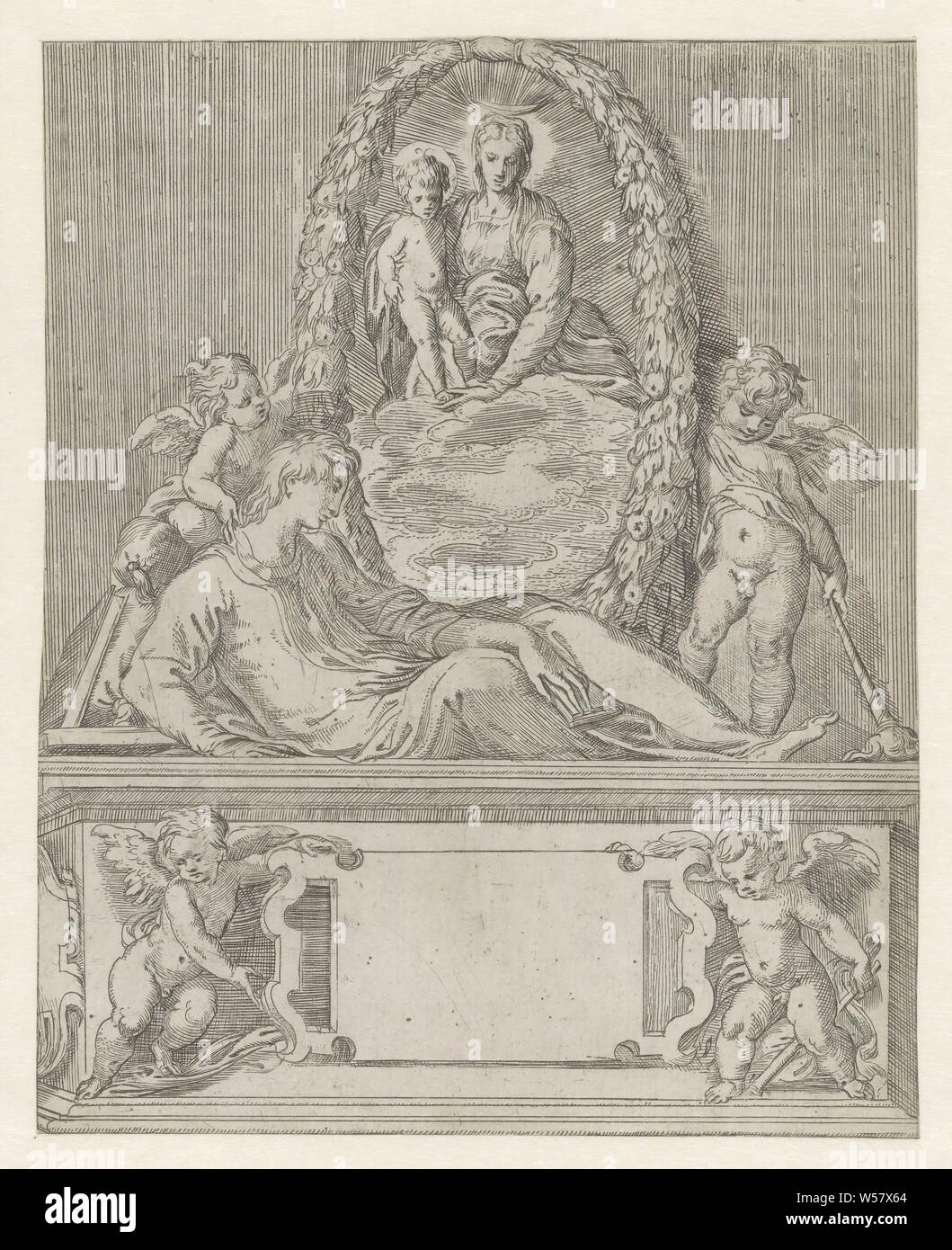 Tombeau, un tombeau composé de deux couches. En vertu de deux putti à côté d'une cartouche vide. En haut d'une chaise longue figure et une représentation de Marie avec l'enfant flanquée de chaque côté par un putto, tombe, tombe, Madonna : c'est à dire Marie avec l'enfant Jésus, Cupids : 'amores', 'amoretti', 'putti', Angelo Falco, Italie, c. 1619, papier, gravure, h 219 mm × W 176 mm Banque D'Images