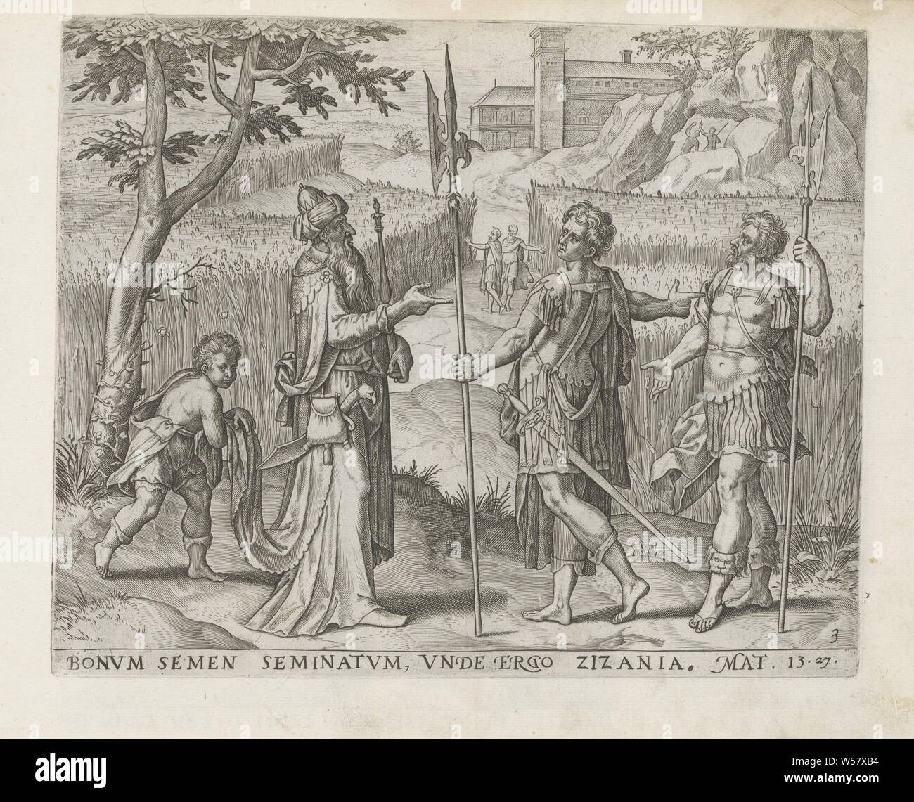 Le locateur inspecte les champs Leeringhe Gelyckenissen Iesu par série (titre) parabole du semeur (titre de la série) den grooten Figuer-Bibel (...) (titre de la série), les serviteurs, les deux avec une hallebarde à la main, demandez au propriétaire s'ils devraient les mauvaises herbes mauvaises herbes parmi les céréales. Le propriétaire répond que le grain et les mauvaises herbes doit continuer à croître jusqu'à la récolte. Un garçon est maintenant la robe du locateur. Ci-dessous la performance une référence en Amérique pour le texte de la Bible en mat. 13:27. Cette impression est partie d'un album, une a semé une bonne semence dans son champ, de l'ivraie parmi le blé, Pieter Jalhea Furnius, 1568 et/ Banque D'Images