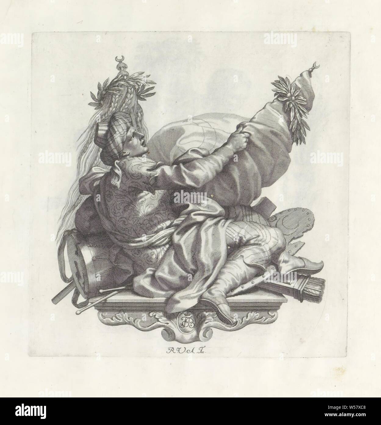 L'homme ottoman avec standard Numismata virorum illustrium ex Barbadica gente (titre de la série), une console avec un homme Ottoman. Il est couché sur un tambour et des armes. Dans sa main une bannière avec branche d'olivier. L'impression est partie d'un album, races et peuples asiatiques : Turc, Robert van Audenaerd (mentionné sur l'objet), Rome, 1673 - 1743, papier, gravure, h 183 mm × W 180 mm Banque D'Images