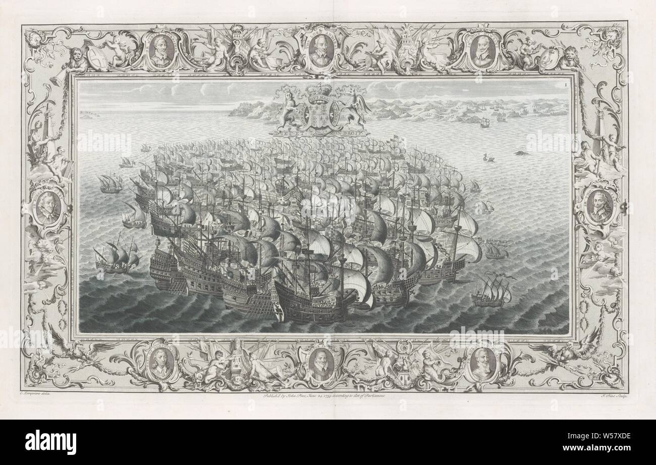 Reproduction d'une tapisserie sur l'Armada espagnole (16-20 juillet), la flotte espagnole dans le canal en dessous de la côte de Cornouaille et du Devon avec les armoiries de la Reine Elizabeth I. Le show (en haut à droite numéroté I) est défini dans l'ornement frontière avec huit portraits de commandants de la flotte anglaise. Au-dessus de la moyen portrait de Charles Howard, grand amiral et commandant en chef de la flotte anglaise contre l'Armada espagnole. Ci-dessus et ci-dessous entre les arcs du navire portraits avec des lances et des bannières et flanqué de putti. Elles soufflent sur une trompette ou shell, tambour, etc. écrire à gauche et à droite Banque D'Images