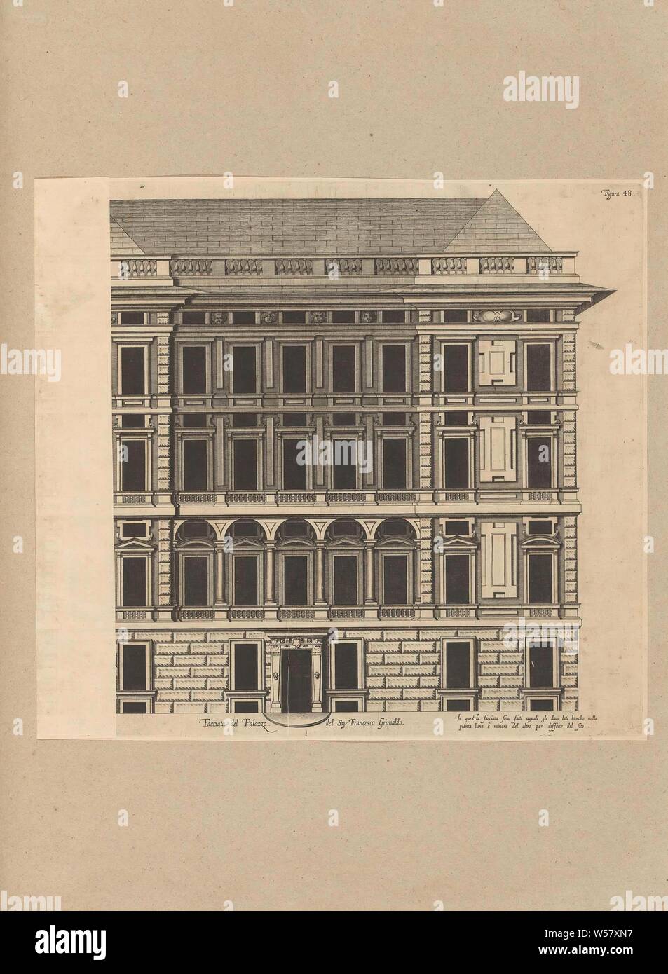Soulèvement de la façade du Palazzo Spinola di Pellicceria à Gênes Facciata del Palazzo del de sigr. Francesco Grimaldo (titre sur l'objet), en bas à droite une explication à deux lignes en italien. Cette impression est partie d'un album, hotel, c.-à-petit palais en ville, à l'extérieur, la conception architecturale ou de modèle, façade (ou maison ou immeuble), Palazzo Spinola di Pellicceria, Nicolaes Ryckmans, Anvers, 1622, papier, gravure, h 349 mm × W 428 mm h 583 mm × W 435 mm Banque D'Images
