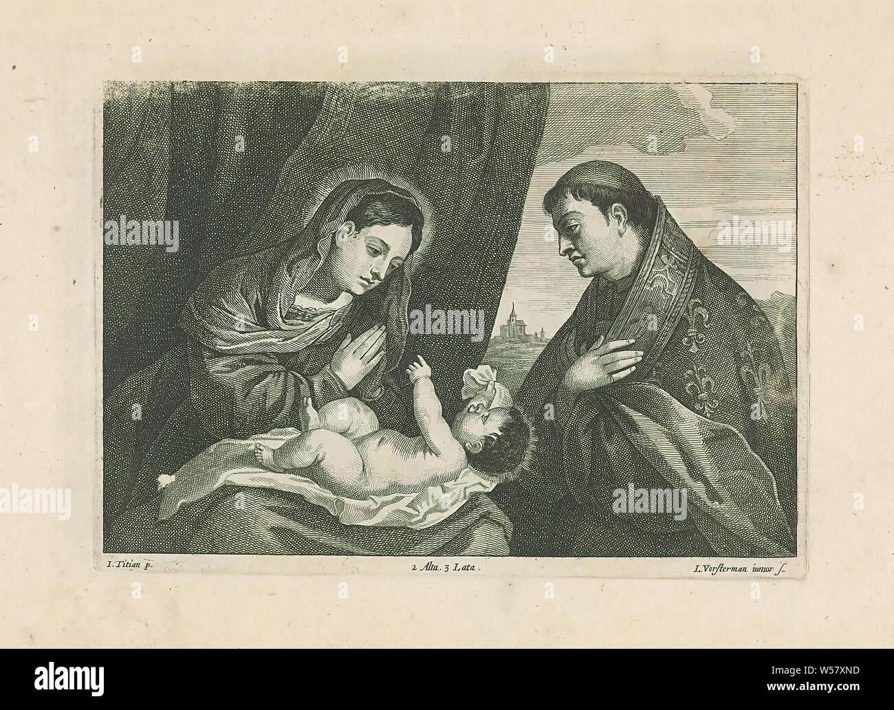 L'adoration du Christ par Marie et saint Louis de Toulouse, Marie et l'Enfant Jésus pour une draperie. Saint Louis de Toulouse est vêtu de son habit d'évêque. Dans le contexte de bâtiments dans un paysage. Cette impression est partie d'un album, Mary agenouillé (sur le terrain), l'enfant Jésus couché devant elle, Louis d'Anjou, fils du roi de Naples, frère franciscain, et évêque de Toulouse, attributs possibles : fleur de lys sur son faire face, couronne et sceptre, Louis XV (II) (mentionné sur l'objet), 1660, papier, gravure, h 160 mm × W 232 mm Banque D'Images