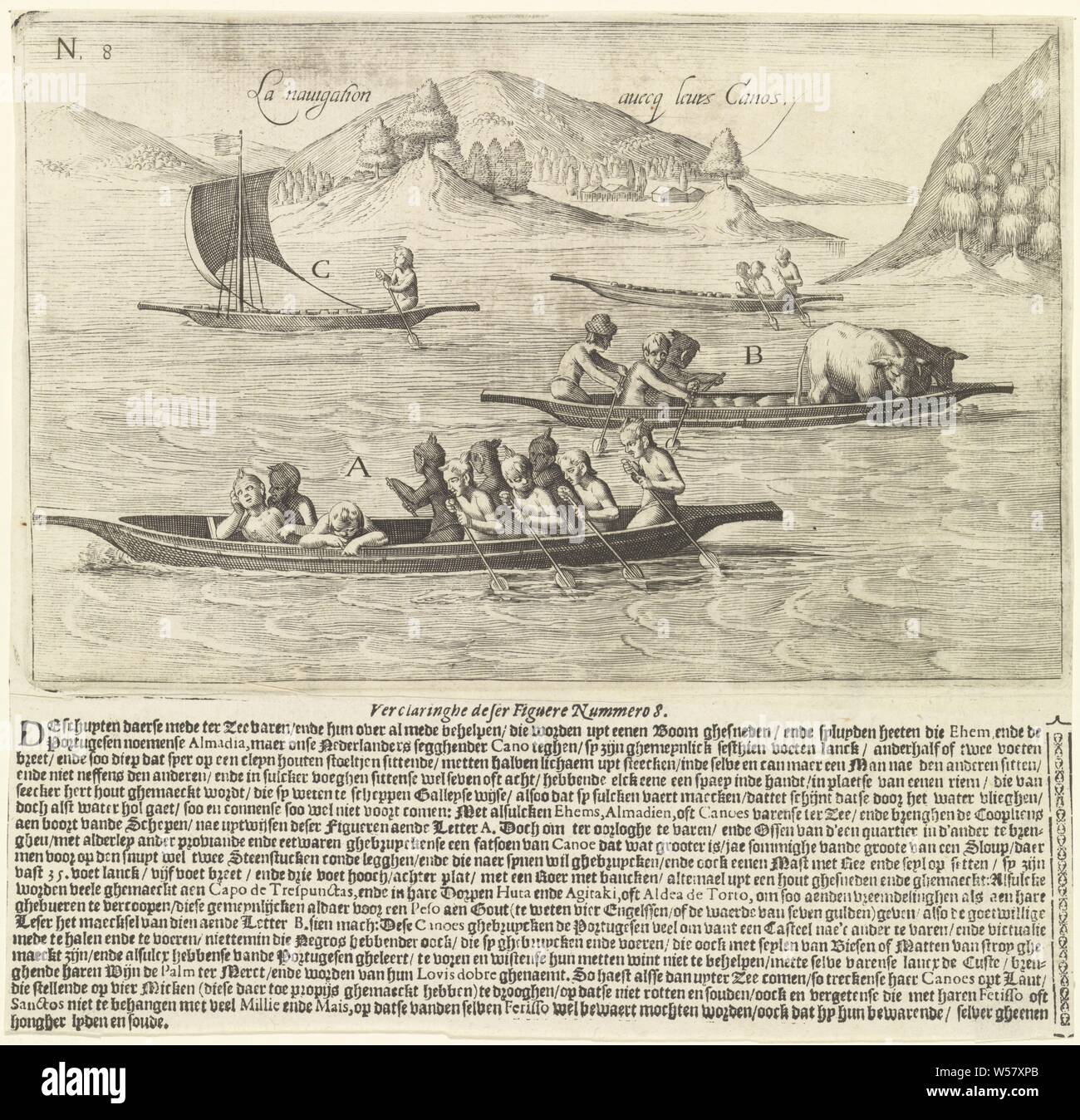 Canoës différentes Description des côtes de Guinée d'or (titre de la série), différentes formes de canoë sur la côte d'or. Pour les biens ou les personnes du trafic. En C et en canot à voile. Ci-dessous le montrent une explication avec la légende en néerlandais., les Africains (caractéristiques anthropologiques a souligné), bateau à rames, canoë, etc., voile de bateau, voile de bateau, Côte d'or, Johann Theodor de Bry, 1602, papier, imprimerie, h 218 mm × W 228 mm h 145 mm × W 225 mm Banque D'Images