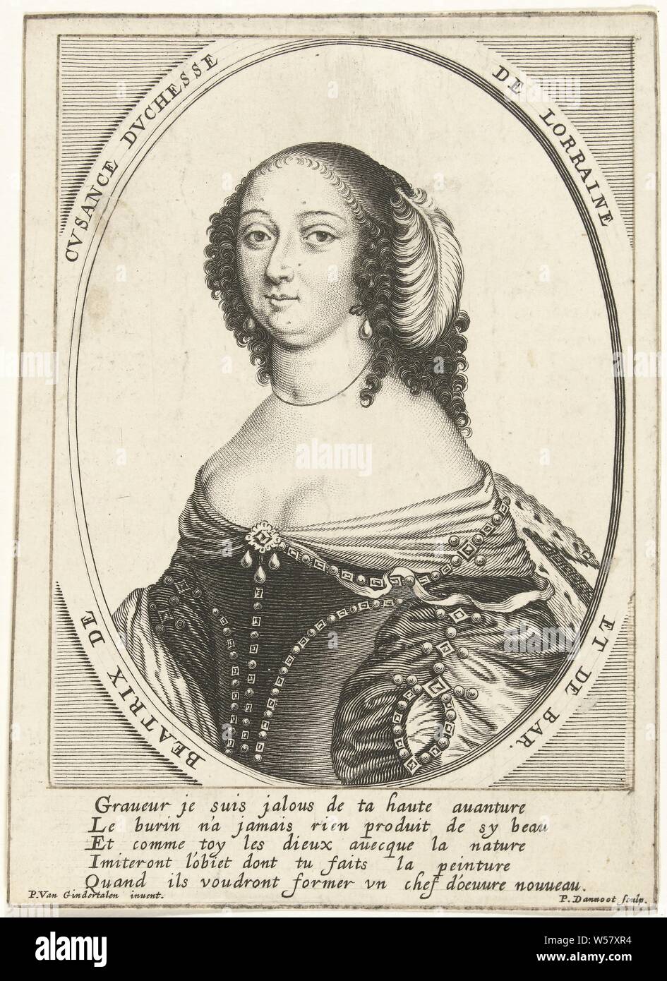 Béatrix de Cusance, duchesse de Lorraine, en ovale, habillé en robe avec un col ouvert faible et plumes sur sa tête. En marge inférieure vers en français cinq lignes., Bé atrix Cusance (Duchesse de Lorraine), Peter Dannoot (mentionné sur l'objet), Anvers, 1644 - 1692, papier, gravure, h 160 mm × W 115 mm Banque D'Images