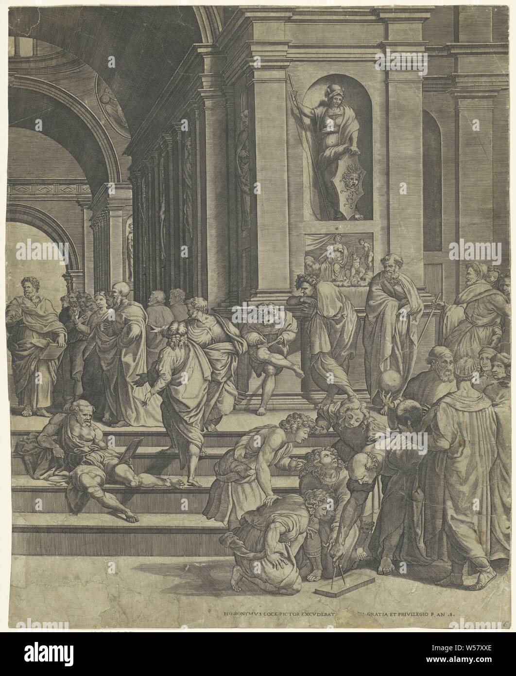 L'École d'Athènes (partie droite), la fresque "l'École d'Athènes" par Rafael dans Stanza della Segnatura dans le Palais apostolique du Vatican. Il montre une école de philosophie ou d'agora où les savants et philosophes grecs célèbres, comme Aristote, Platon et Socrate, parlons en groupes. Il s'agit d'une représentation de la philosophie et sa recherche rationnelle de la vérité, universitaire, philosophe, Giorgio Ghisi, 1530 - 1582, papier, gravure, h 515 mm × W 420 mm Banque D'Images