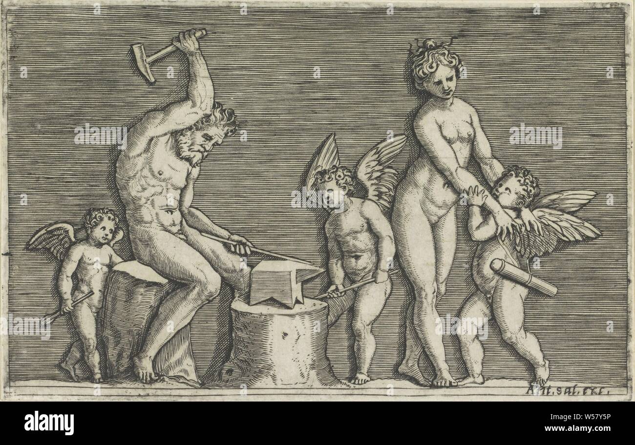 Vulcanus, Vénus et Trois putti reliefs antiques (titre de la série), Vulcanus hits avec un marteau sur une enclume. Derrière lui est un putto. Sur la droite est Vénus avec deux putti., (Histoire de) Vulcan (Héphaïstos), Cupids : 'amores', 'amoretti', 'putti", (Histoire de) Vénus (Aphrodite), Marco dente, 1517 - 1562, papier, gravure, h 112 mm × W 176 mm Banque D'Images