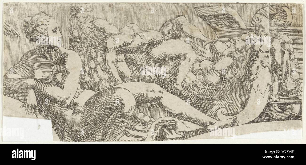Extrait de Jupiter envoie les trois déesses à la discrétion de Paris figure couchée - AA - female figure humaine, Antonio Fantuzzi (attribué à), Fontainebleau, 1543, papier, gravure, h 85 mm × W 180 mm Banque D'Images