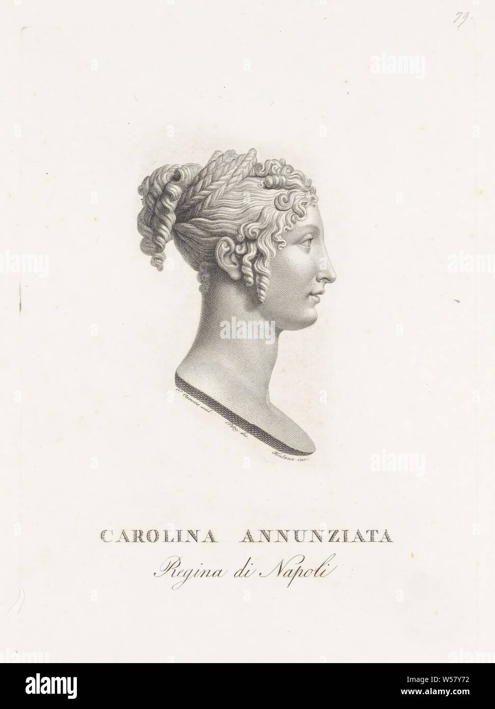 Buste de Bonaparte Caroline Carolina Annunziata (titre sur l'objet), buste de Bonaparte Caroline par le sculpteur Antonio Canova., morceau de sculpture, reproduction d'une sculpture, historique, Maria Annunciata Bonaparte (Carolina), Pietro Fontana (mentionné sur l'objet), l'Italie, 1773 - 1837, papier, gravure, h 240 mm × W 172 mm Banque D'Images