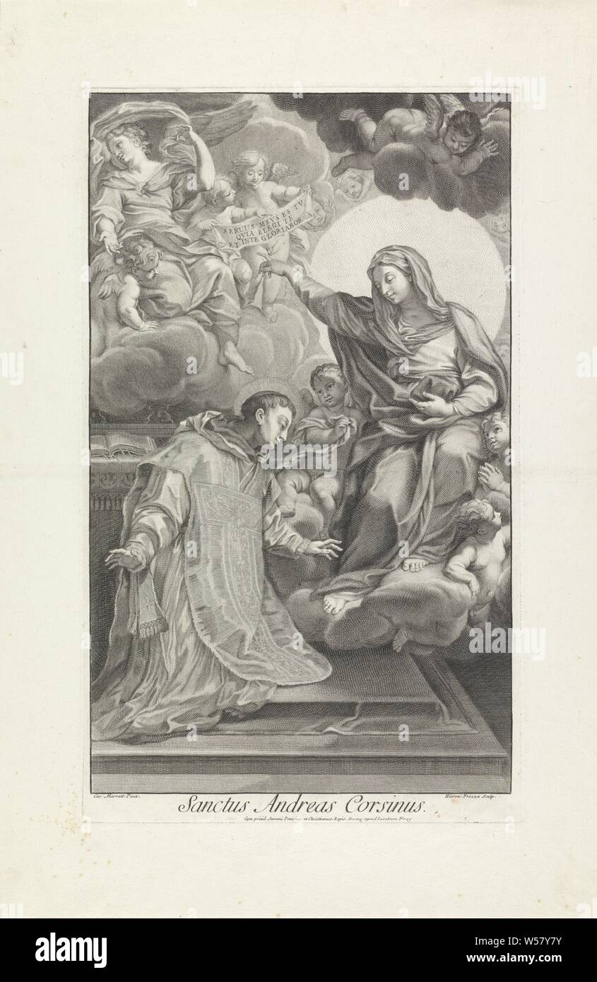 Saint Andreas Corsini agenouillée devant Marie avec enfant Sanctus Andreas Corsinus (titre sur l'objet), Saint Andreas Corsini agenouillée devant Marie avec l'enfant. Maria et de l'Enfant Jésus sont des putti. Maria pointe vers une feuille avec le texte : S eruus meus es tu te elegi quia / / et inte gloriabor., Madonna : c'est à dire Marie avec l'Enfant Jésus, Andrew Corsini, frère Carme et évêque de Fiesole, attributs possibles : goupillon, de l'agneau, l'épée, le loup, Giovanni Girolamo Frezza (mentionné sur l'objet), 1686 - 1748, papier, gravure, h 443 mm × W 265 mm Banque D'Images