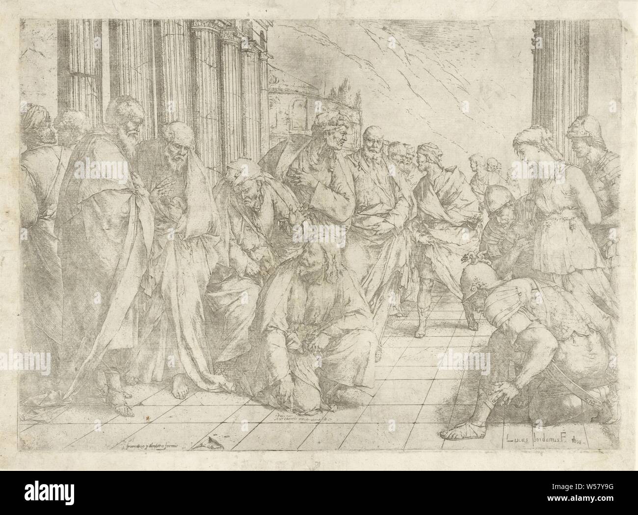 Le Christ et la femme adultère, pharisiens amener une femme adultère au Christ pour lui demander un jugement. Le Christ est à genoux et écrit un texte sur le sol avec son doigt, pharisiens amener une femme accusée d'adultère ou avant le Christ (Jean 8 : 2-11), le Christ à points ou écrit sur le terrain, Luca Giordano (mentionné sur l'objet), l'Italie, 1653 - 1658, le papier, gravure, h 356 mm × W 495 mm Banque D'Images