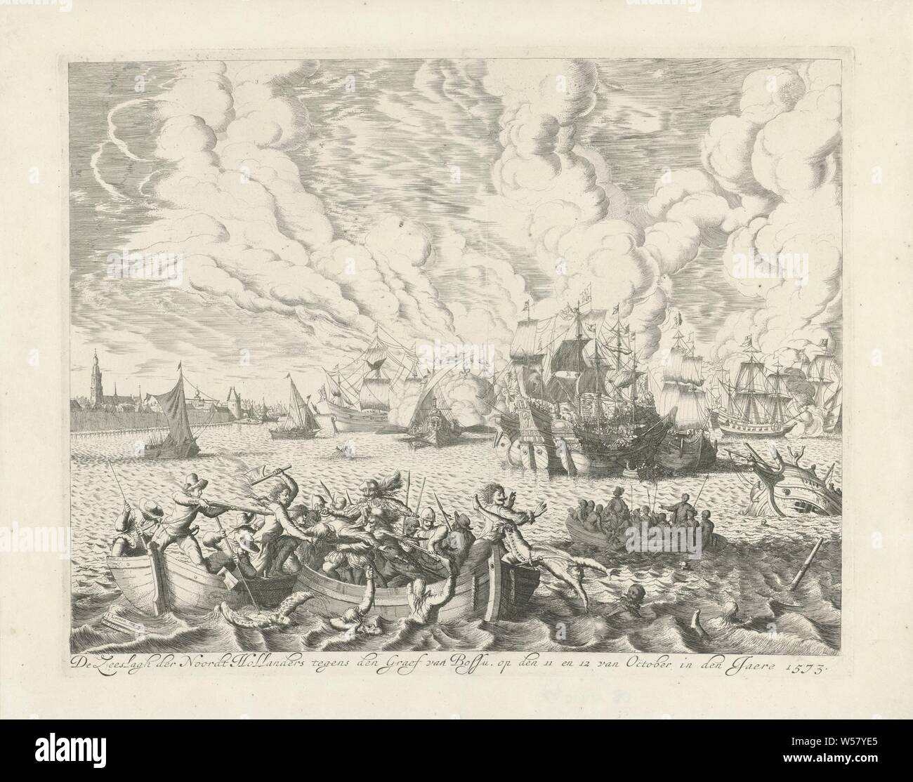 Bataille de la Zuiderzee contre le Comte de Bossu, 1573 La bataille de la Hollande du Nord contre la Tombe de Bossu, sur les 11 et 12 octobre dans la Jaere 1573 (titre sur l'objet), la bataille sur le Zuiderzee, 11 octobre 1573. Bataille de la mer où la flotte de l'eau mendiants dirigé par Cornelis van Dirkszoon Monnickendam bat la flotte espagnole du Bossu. Au premier plan des combats farouches de l'homme à l'homme dans les sloops, derrière eux, les plus grands navires. Liens dans la distance Enkhuizen, bataille navale (force), Zuiderzee, Enkhuizen, Jan Luyken (mentionné sur l'objet), Amsterdam, 1679 - 1684, papier Banque D'Images