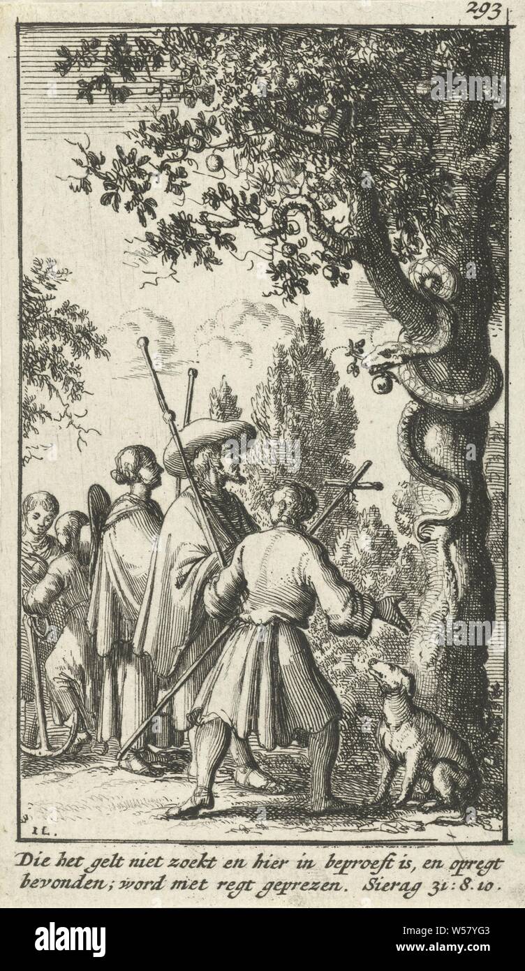 Les pèlerins sont debout devant un arbre dans lequel les serpents serpent paradis, numéro numérotées en haut à droite : 293. Dans la marge d'une légende à deux lignes avec référence à la bible livre monsieur. 31 : 8-10, Pilgrim (s), la tentation et la chute (Genèse 3 : 1-7), Jan Luyken (mentionné sur l'objet), Amsterdam, 1683, papier, gravure, h 125 mm × w 73 mm Banque D'Images