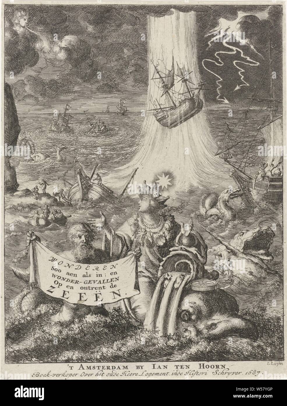 Figure féminine allégorique avec couronne d'un navire et un triton sur la mer agitée, la mer personnifiée, 'Ma' (RIPA) (variante), des monstres de la mer, tempête, cyclone, ouragan, typhon, une tornade en mer, naufrage, Jan Luyken (mentionné sur l'objet), Amsterdam, 1687, papier, gravure, h 194 mm × W 148 mm Banque D'Images