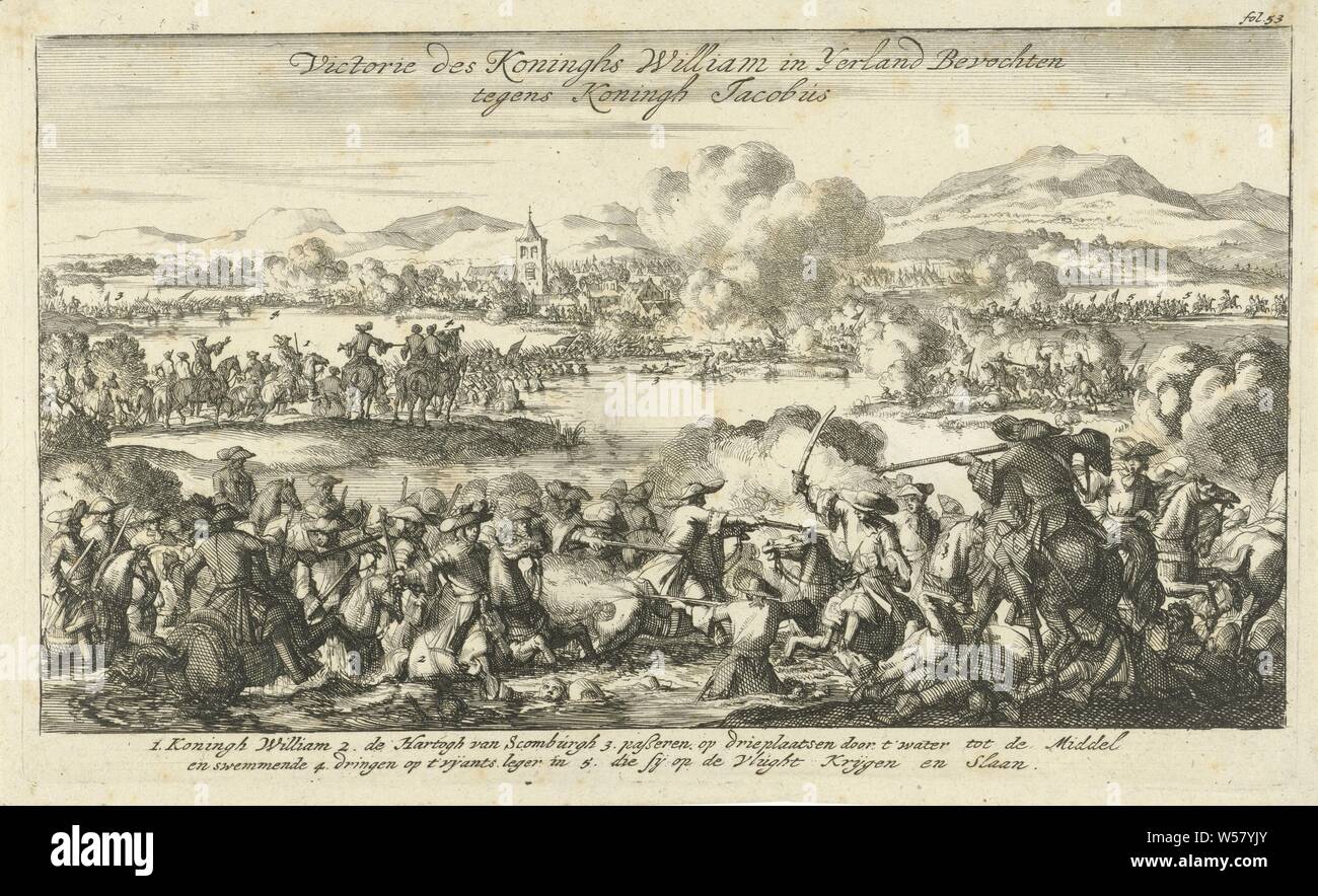 La bataille de la Boyne, 1690 Victoire du Roi William dans Yerland en lutte contre le roi James (titre sur l'objet), bataille de la Boyne, le 11 juillet 1690, au cours de laquelle l'armée de Guillaume III a gagné obtenus sur catholiques sous Jacques II. Au milieu, le duc de Schomberg à cheval qui allait mourir au combat. Dans la légende la légende 1-5. La mention d'impression supérieur droit : fol. 53, bataille (forces terrestres), Boyne Battlesite, Friedrich Arnaud duc de Schomberg, William III (Prince d'Orange et le roi d'Angleterre, Ecosse et Irlande), Jan Luyken, Amsterdam, papier, gravure, h 180 mm × W 290 mm Banque D'Images