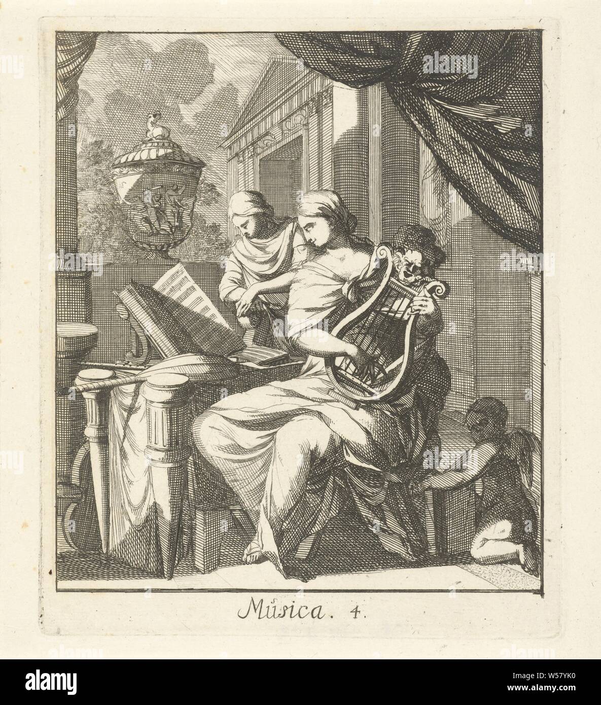 Musica Septem Artes liberales (titre de la série), la femme comme personnification de la Musique (Musique), jouant sur une lyre. À côté d'elle est un livre de musique ouvert sur la table, 'Musica' (quadrivium), 'Musica' (RIPA), lyre, cithare, luth, Caspar Luyken, Amsterdam, 1691, papier, gravure, h 174 mm × W 147 mm Banque D'Images
