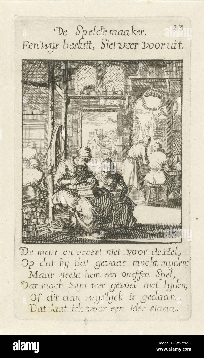 De Pinmaker Speldemaaker (titre sur l'objet) L'Menselyk Bedryf (titre de la série), broche, artisanat, artisans au travail, Jan Luyken, Amsterdam, 1694, papier, gravure, h 141 mm × w 81 mm Banque D'Images