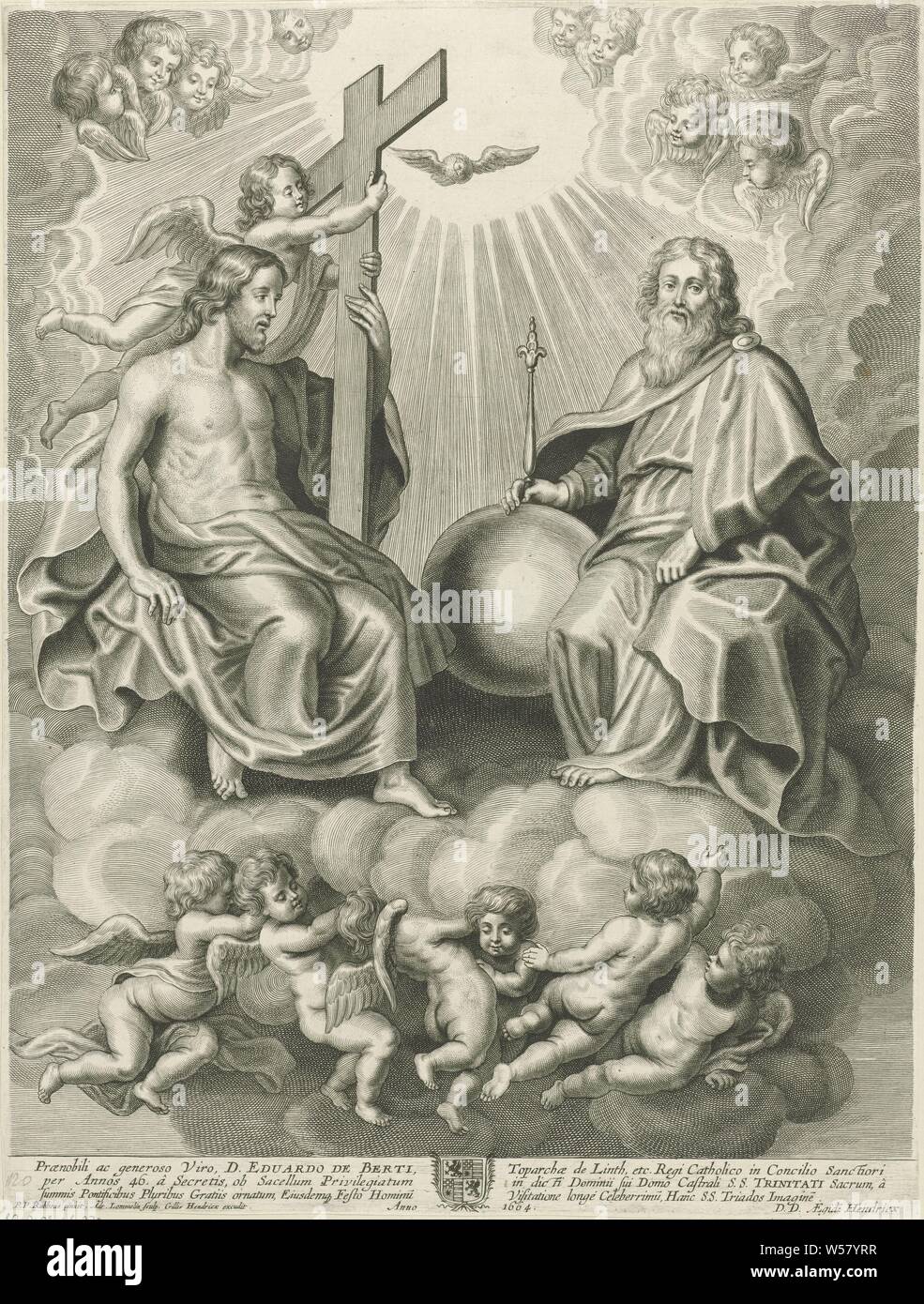 Triomphe de la Sainte Trinité, la Sainte Trinité sur les nuages, qui s'est tenue en place par un groupe d'anges. Sur la droite est Dieu comme un vieil homme avec un globe et sceptre, sur la gauche est le Christ avec la croix. L'Esprit Saint est apparu au-dessus d'eux sous la forme d'une colombe. Du ciel, angelots regarder à gauche et à droite. Dans la marge des armoiries et une légende en Amérique, Trinité dans laquelle Dieu le Père et du Christ sont représentés comme des personnes, le Saint-Esprit pour sourds (donateur (s), demandeur (s), avec ou sans patron (s)), les anges en adoration, Lommelin Adriaen (mentionné sur l'objet), Anvers, 1664, papier, gravure Banque D'Images Triomphe de la Sainte Trinité, la Sainte Trinité sur les nuages, qui s'est tenue en place par un groupe d'anges. Sur la droite est Dieu comme un vieil homme avec un globe et sceptre, sur la gauche est le Christ avec la croix. L'Esprit Saint est apparu au-dessus d'eux sous la forme d'une colombe. Du ciel, angelots regarder à gauche et à droite. Dans la marge des armoiries et une légende en Amérique, Trinité dans laquelle Dieu le Père et du Christ sont représentés comme des personnes, le Saint-Esprit pour sourds (donateur (s), demandeur (s), avec ou sans patron (s)), les anges en adoration, Lommelin Adriaen (mentionné sur l'objet), Anvers, 1664, papier, gravure Banque D'Images