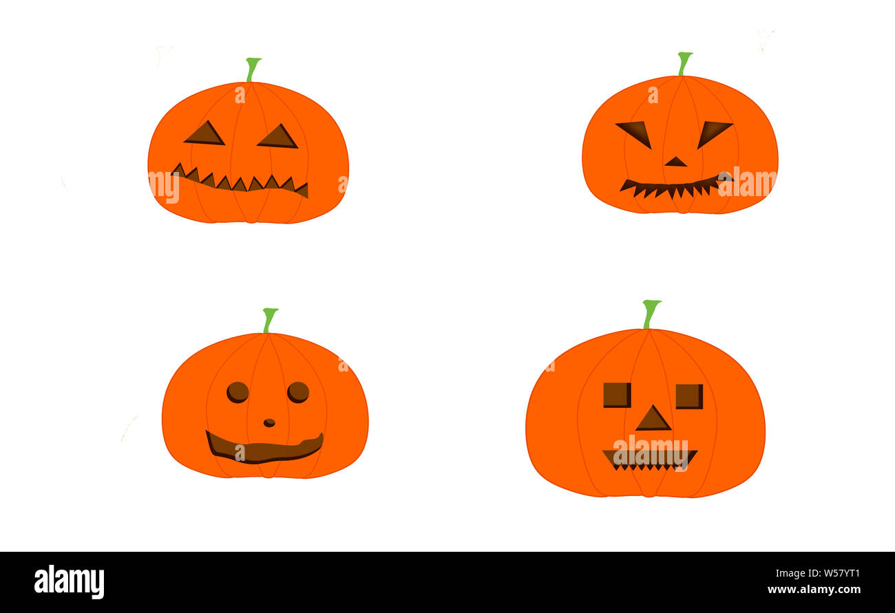 Cartoon halloween pumpkins quatre sculpté avec différentes expressions isolé sur fond blanc. Banque D'Images