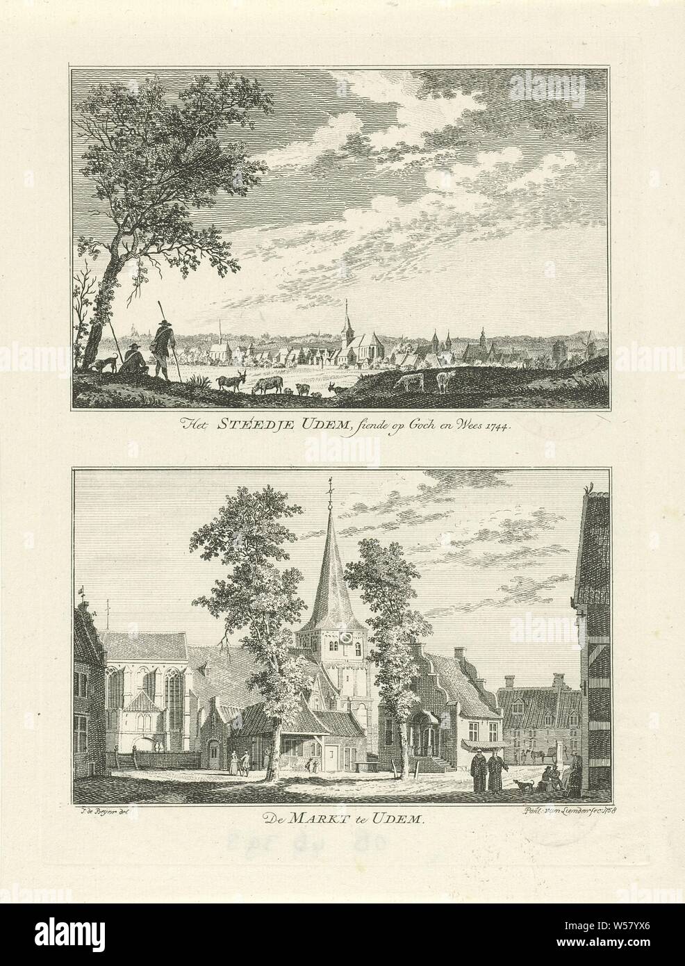 Cityscapes dans Pignans, 1744 Steedje Het Udem, siégeant à goch et Wees 1744 / De Markt, à l'Udem (titre sur l'objet) Village et de paysages urbains à Clèves (titre de la série), deux représentations d'une plaque. Deux vues de la ville allemande de Pignans. L'impression est partie d'une série de 100 avec vue sur les villages et les villes à Clèves, vue sur la ville, et le paysage avec des constructions, rue, église (extérieur), Pignans, Paulus van Liender (mentionné sur l'objet), 1758, papier, gravure, h 204 mm × W 149 mm Banque D'Images
