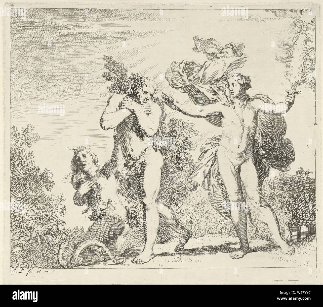 Expulsion du Paradis, Adam et Eve sont chassés du paradis par un ange avec une épée de feu. L'impression est partie d'une série en sept parties avec des scènes de la Bible livre la Genèse, l'expulsion ou Adam et Eve du Paradis (Genèse 3 : 22-24), Gerard De Lairesse (mentionné sur l'objet), 1665, papier, gravure, h 221 mm × W 249 mm, Frankenthal, ch. 1759-1762 Banque D'Images