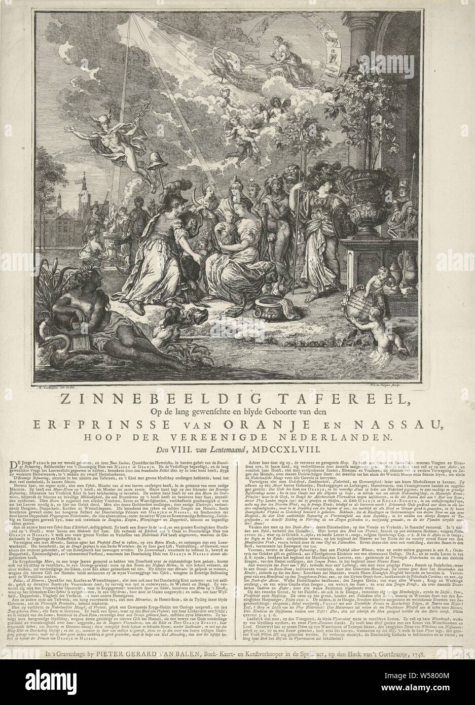 Allégorie de la naissance du Prince d'Orange, 1748 paysage symbolique sur la naissance de blyde et souhaité l'héritier de l'orange et de Nassau, l'espoir de l'Organisation des Pays-Bas. Van Lentemaand la VIII., MDCCXLVIII (titre sur l'objet), l'allégorie de la naissance de Guillaume V, Prince d'Orange, le 8 mars 1748. Au centre de la personnification de la Gouvernement éternelle avec l'enfant dans ses bras, entouré de toutes sortes de figures allégoriques, dieux et déesses, sur la gauche la Vierge. Sur la droite, l'oranger et la rose anglaise croître dans un vase. Dans le ciel de mercure et de Junon dans son char tiré Banque D'Images