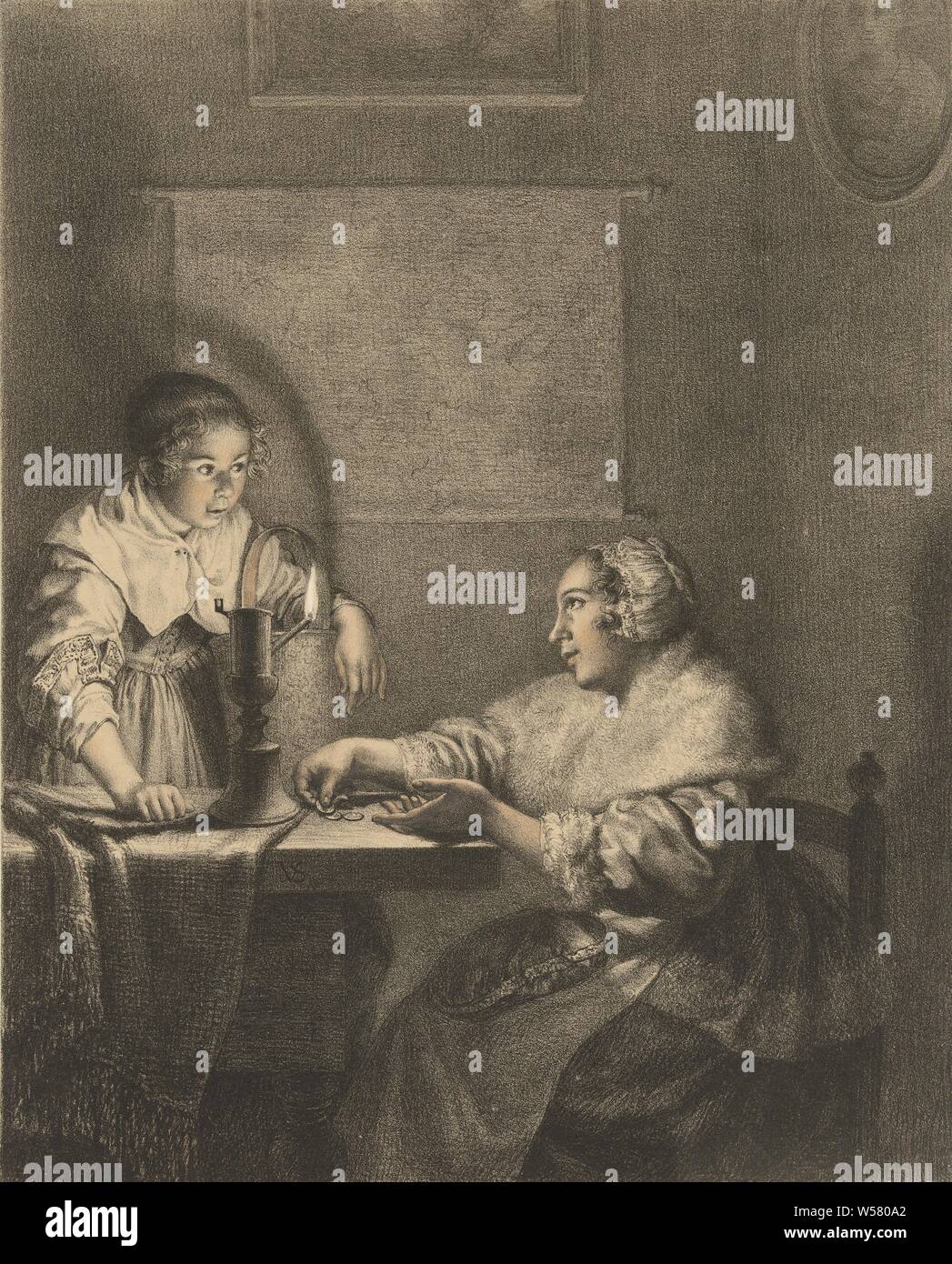 Intérieur avec une dame et sa femme de chambre à la chandelle, de l'intérieur avec une dame et sa femme de chambre à la chandelle. La dame est assise sur une chaise à une table. Sur ses genoux est un sac d'argent et elle compte l'argent sur la table. Sa femme de montres., Chandelier, sac, sac-d'argent, femme de chambre, le personnel de la base, Christiaan Josi, Noord-Nederland, 1821, papier, h 249 mm × W 201 mm Banque D'Images