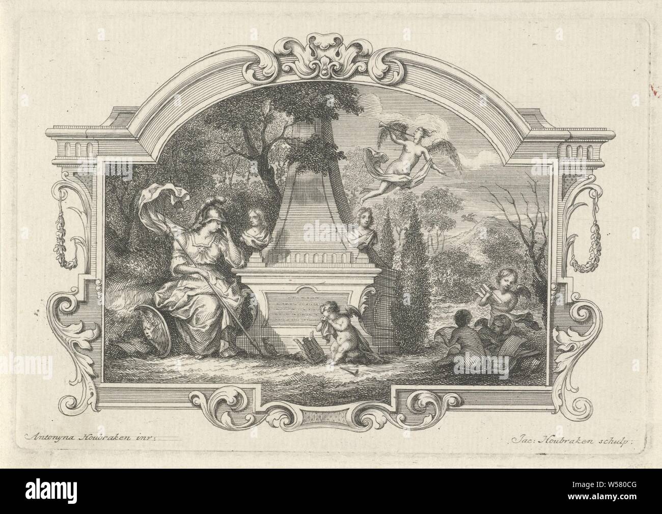 Minerva s'affligeant et putti dans un tombeau, Jacob Houbraken (mentionné sur l'objet), Amsterdam, 1708 - 1780, le papier, gravure, h 100 mm × W 145 mm Banque D'Images