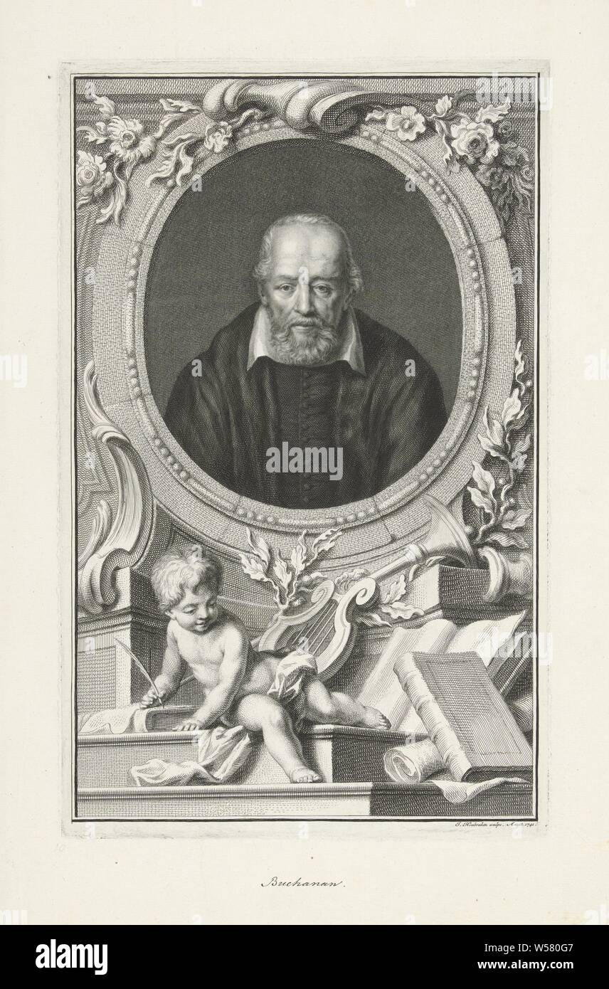 Portrait de George Buchanan, Portrait de l'écrivain et poète George Buchanan avec sous le portrait d'une trompette, d'une lyre, livres, rouleaux de papier et d'un putto écrit., George Buchanan, Jacob Houbraken (mentionné sur l'objet), Amsterdam, 1741, papier, stylo, h 374 mm × W 235 mm Banque D'Images