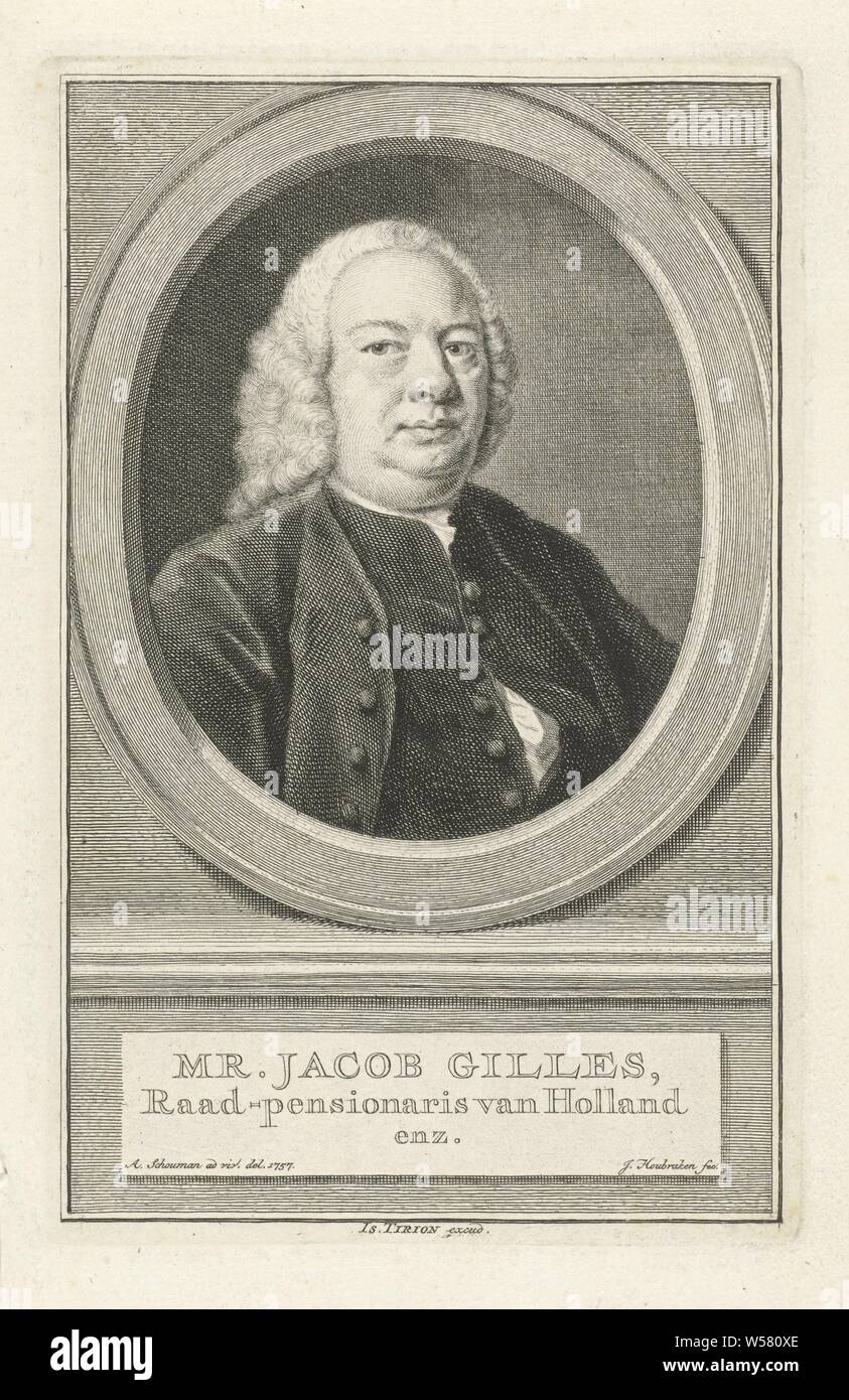 Portrait de Jacob Gillis M. Gilles Jacob (titre sur l'objet), buste à droite de Gilles Jacob dans un ovale. Le portrait s'appuie sur un socle sur lequel son nom et son titre sont écrits en trois lignes en néerlandais. Le portrait s'appuie sur un socle avec un champ vide pour le nom et l'information. van Aart van der Goes dans un ovale. Le portrait s'appuie sur un socle avec son nom et l'information en trois lignes en néerlandais., historique, Aart van der Goes (1475-1545), Jacob Houbraken (mentionné sur l'objet), Amsterdam, 1749 - 1759, papier, gravure, h 182 mm × W 117 mm Banque D'Images