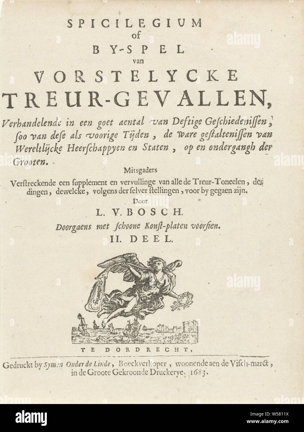 Titre de la page : L. van den Bos, Spicilegium ou par -jouer de frosty deuil cas, partie 2 de : La scène d'accidents, de 1683, de la gloire, avec une couronne de laurier et d'une trompette, au-dessus de bateaux sur l'eau. À partir de sa trompette vient le texte : Altijtneering. En outre, 17 lignes en néerlandais. Au bas de l'empreinte. Page de titre de la partie 2 de la première édition (de) un livre par Lambert van den Bos avec un total d'twinting imprime par Arnold Houbraken., "Fama", "buona Fama', 'Fama chiara' (RIPA), Arnold Houbraken, Dordrecht, papier, imprimerie, h 187 mm × 140 mm w Banque D'Images