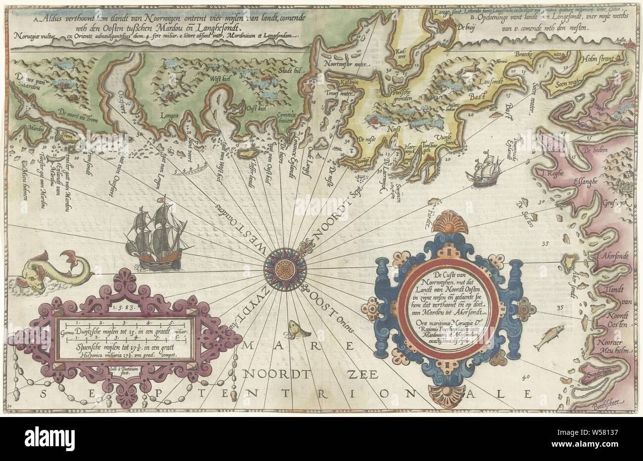 Carte de la côte de la Norvège et de la Suède entre le Merdøy et Uddevalla Custe de Noorweghen avec, que les terres du nord-est dans son wesenandde forme (...) (titre sur l'objet) représentation de Jugement Dernier, avec l'archange saint Michel pesant les âmes (ou divisant les bienheureux et les damnés), Norvège, Joannes van Doetechum (I), 1580 - 1583, papier, imprimerie, h 330 mm × W 515 mm Banque D'Images