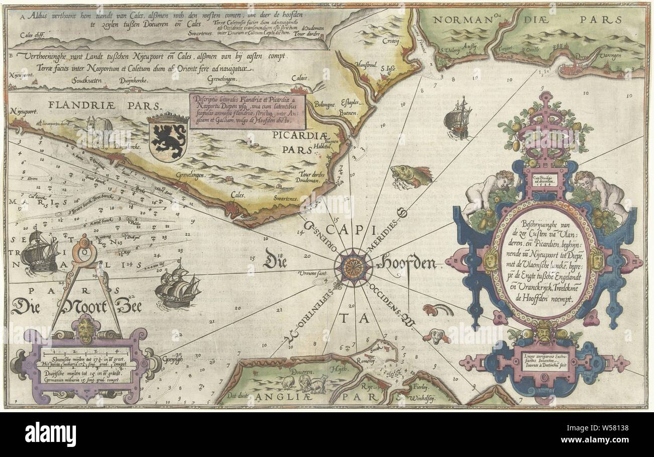 La carte des côtes de Flandre, la Normandie et l'Angleterre Description de la mer et Picardien Custen van Vlanderen (...) (titre sur l'objet), la représentation de Jugement Dernier, avec l'archange saint Michel pesant les âmes (ou divisant les bienheureux et les damnés), Flandre, Normandie, Angleterre, Joannes van Doetechum (I) (mentionné sur l'objet), 1580 - 1581, papier, imprimerie, h 320 mm × W 512 mm Banque D'Images
