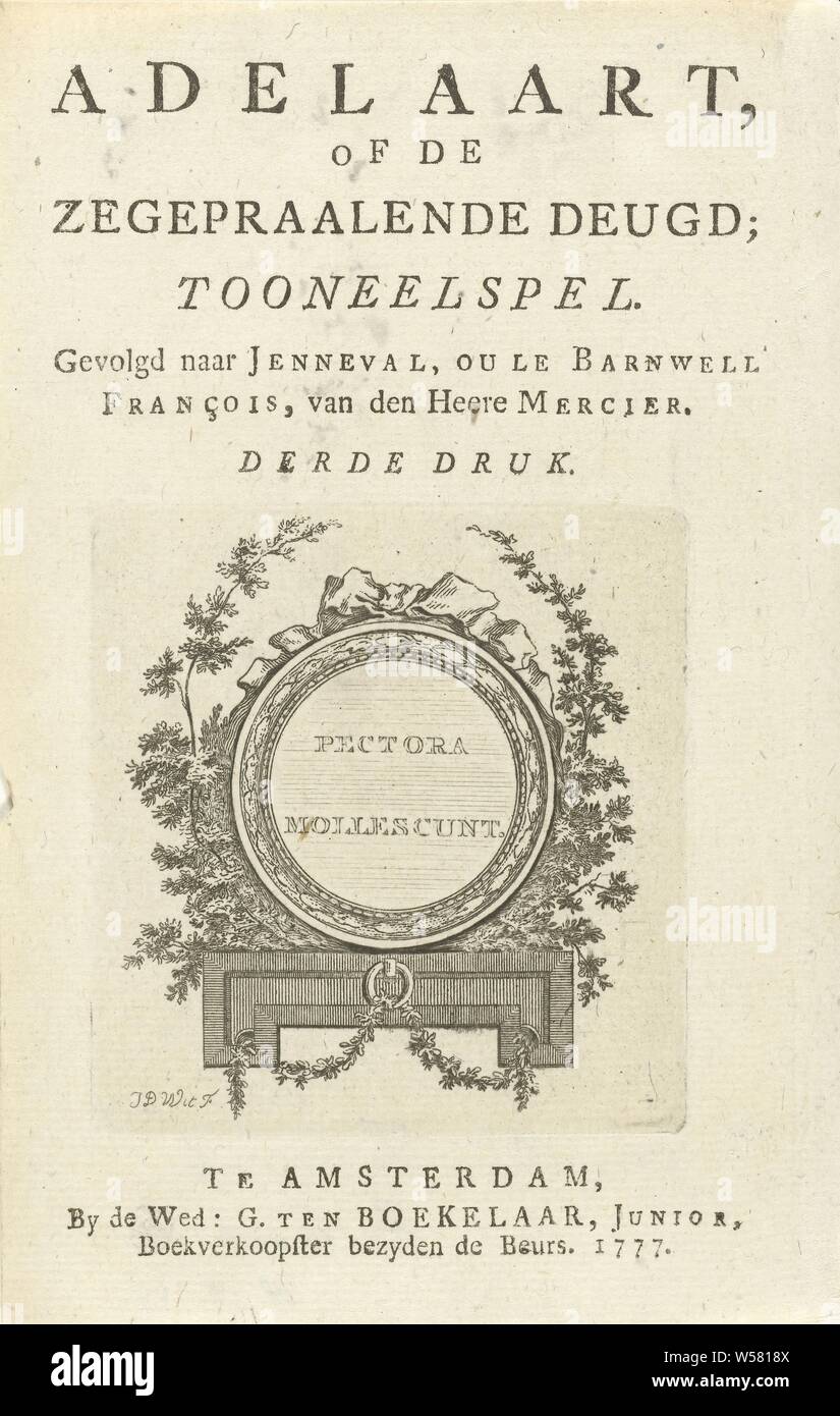 Titre de la page : Adelaart, ou la vertu triomphante, théâtre, 1777, page  de titre avec texte et un médaillon entouré de branches avec l'inscription  : Pectora. Mollescunt, page de titre, I.