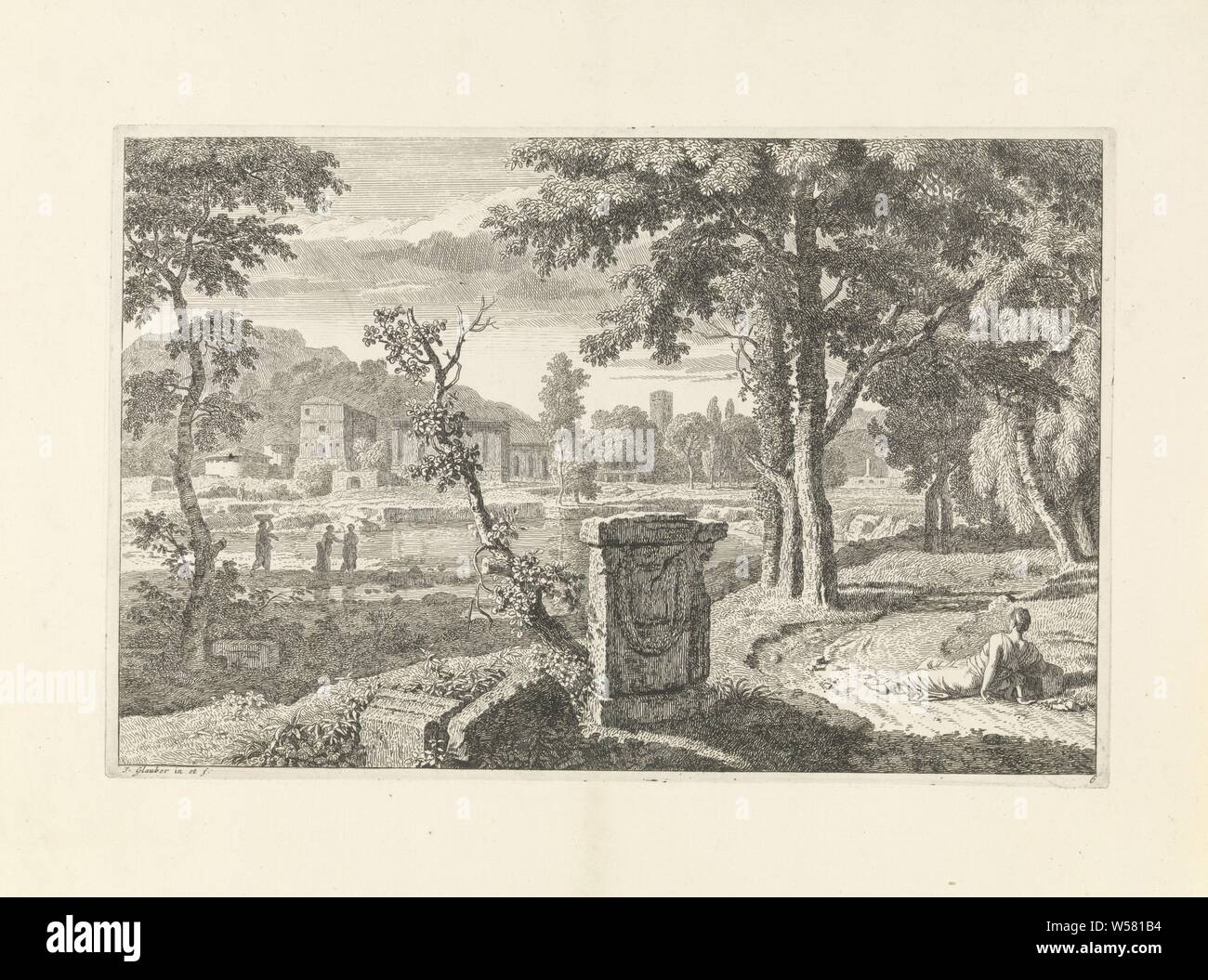 Paysage avec ruines arcadienne paysages Arcadiens (titre de la série), un paysage arcadien avec ruines. Les ruines d'une centrale piédestal classique. Une femme est en appui sur le côté de la route à côté de la plaque. Dans l'arrière-plan d'une villa et d'un étang. L'impression est partie d'une série de paysages Arcadiens., Johannes Glauber (mentionné sur l'objet), inconnu, 1656 - 1726, le papier, gravure, w 365 mm × h 237 mm Banque D'Images