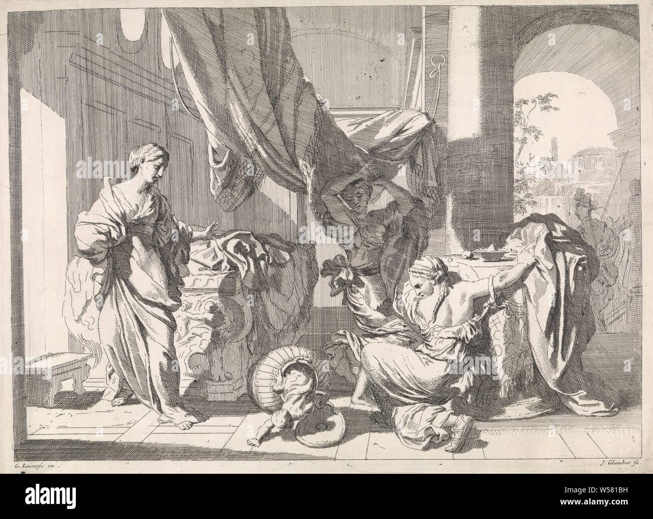 Herse et Agraulos ouvrir le panier avec l'enfant Erichthonius, bibliques et mythologiques représentations allégoriques (titre de la série), deux filles du roi, et d'Agraulos Kekrops Herse, ont ouvert le panier qu'Athéna avait confié à leur sœur Pandrosos. À partir du panier, qui est couché sur le côté, l'enfant Erichthonius vient en rampant, avec une queue du serpent comme l'abdomen. Cette vue d'Agraulos disques herse et la folie. Pandrosos semble surpris. L'impression est partie d'une série avec mythologique, biblique et représentations allégoriques., Johannes Glauber (mentionné sur l'objet), 1656 - 1726 Banque D'Images