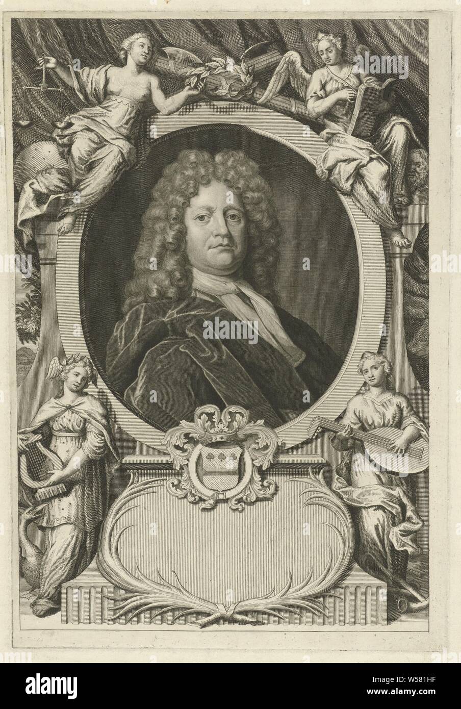 Portrait de Alexander de Muncq, à l'âge de 55 ans, Alexander de Muncq, maire de Middelburg et poète, à l'âge de 55 ans. Ci-dessous le portrait sont des armoiries. Le portrait ci-dessus sont les personnifications de la Justice et de la vérité, qui lui la couronne avec une couronne de laurier. Sous le portrait deux muses jouent de la lyre et de la cithare, de la vérité, "Verità' (RIPA), de la Justice, 'giustitia sottoposta alla Forza', 'Giustitia Giustitia', 'retta', 'Giustitia Impietà rigorosa', 'viviza giustitia soggetta alla' (RIPA), harpe, cithare, dulcimer, faire de la musique, musicien avec instrument, Pieter van Gunst (mentionné sur l'objet Banque D'Images